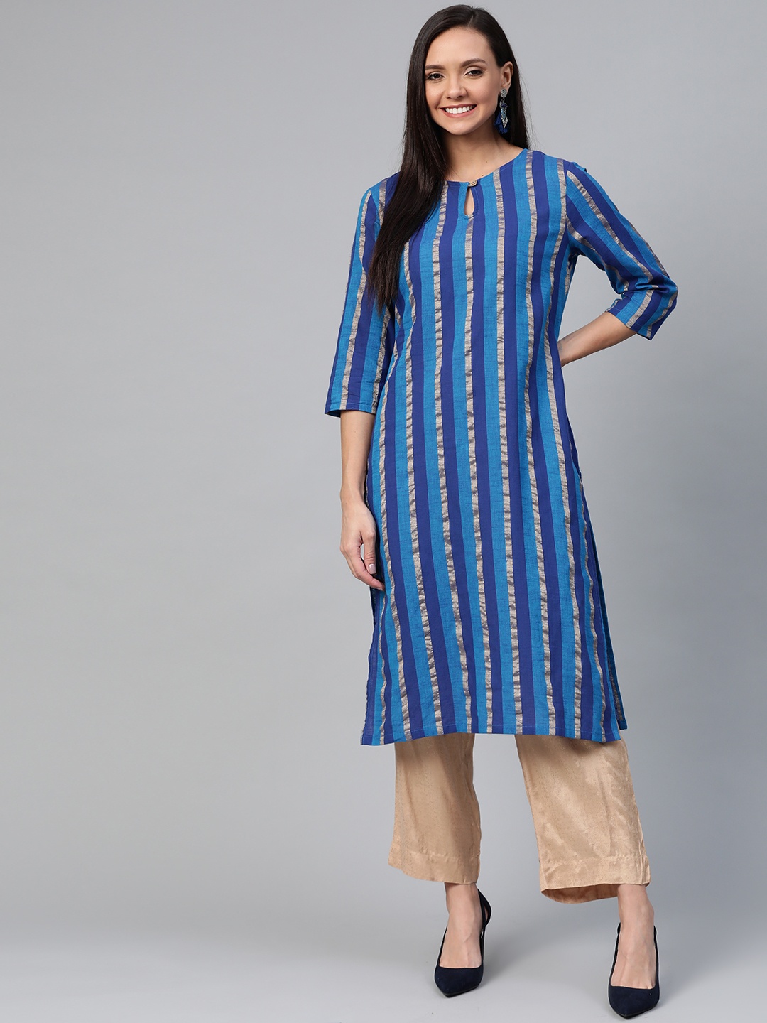 

HERE&NOW Women Blue & Golden Striped Straight Kurta