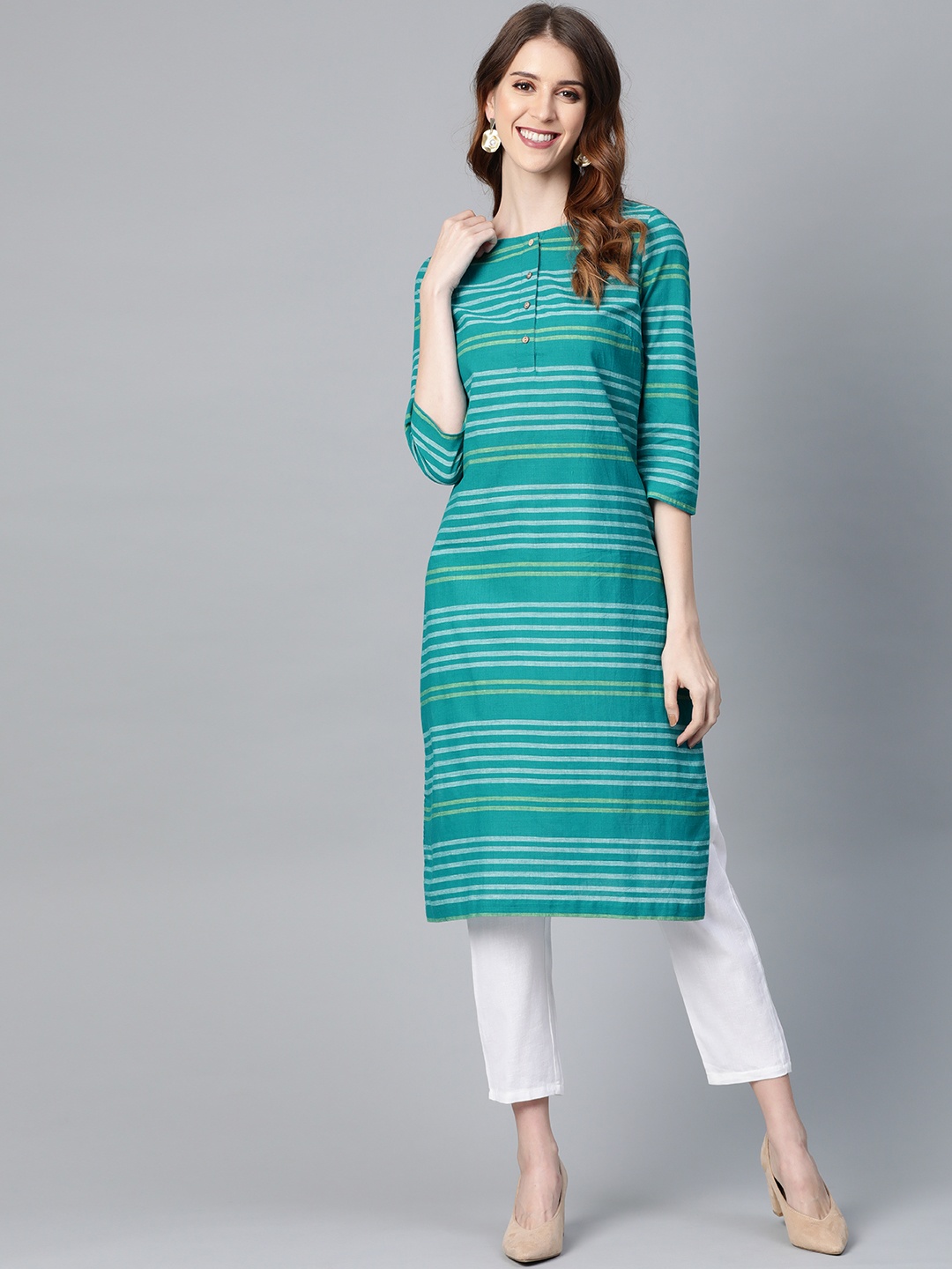 

HERE&NOW Women Green & White Striped Straight Kurta