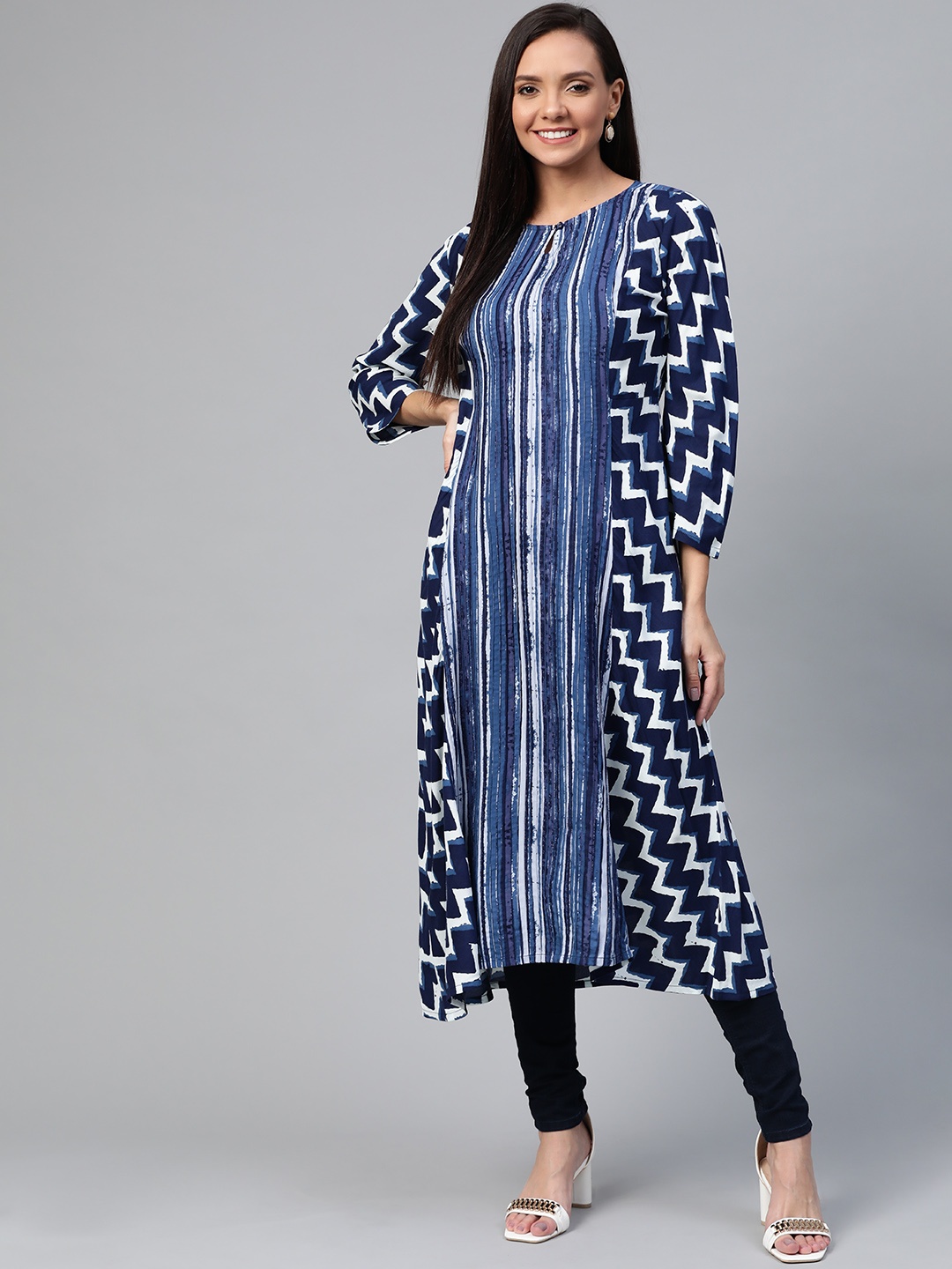 

HERE&NOW Women Blue & White Printed A-Line Kurta