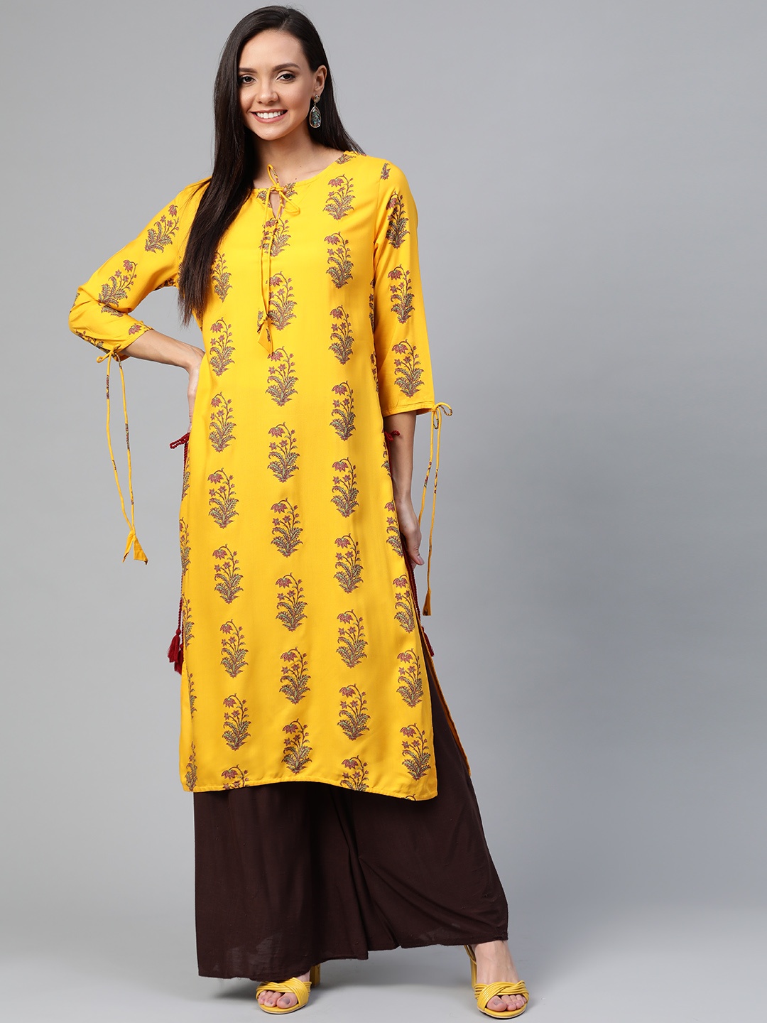 

HERE&NOW Women Mustard Yellow & Pink Floral Print Straight Kurta