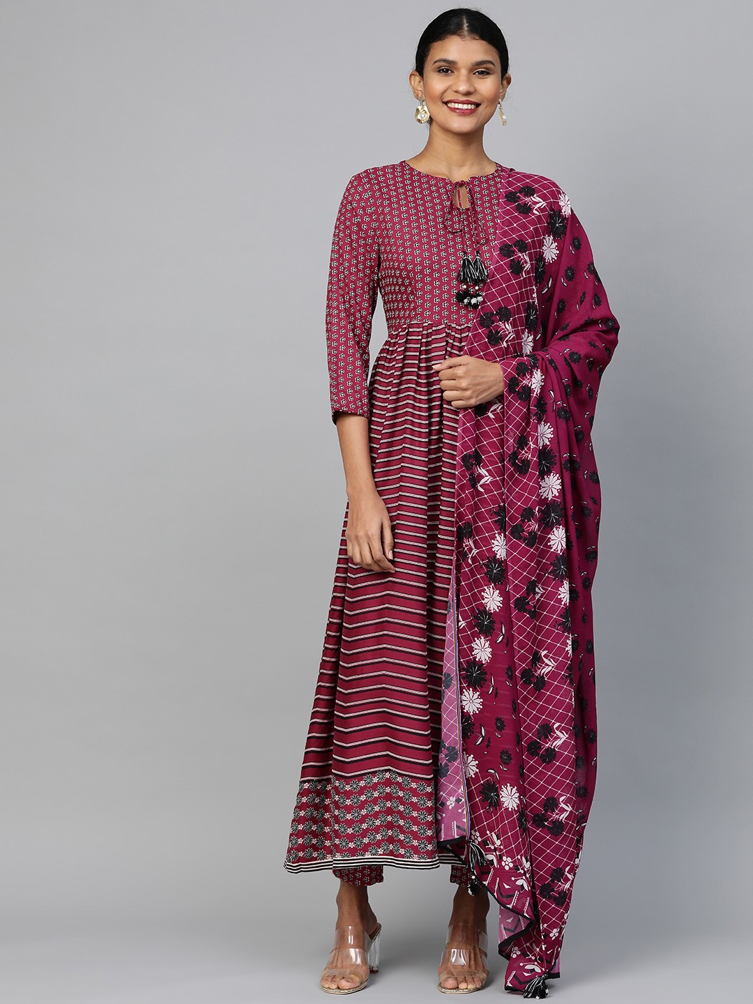 

HERE&NOW Women Magenta & Black Printed Kurta with Trousers & Dupatta