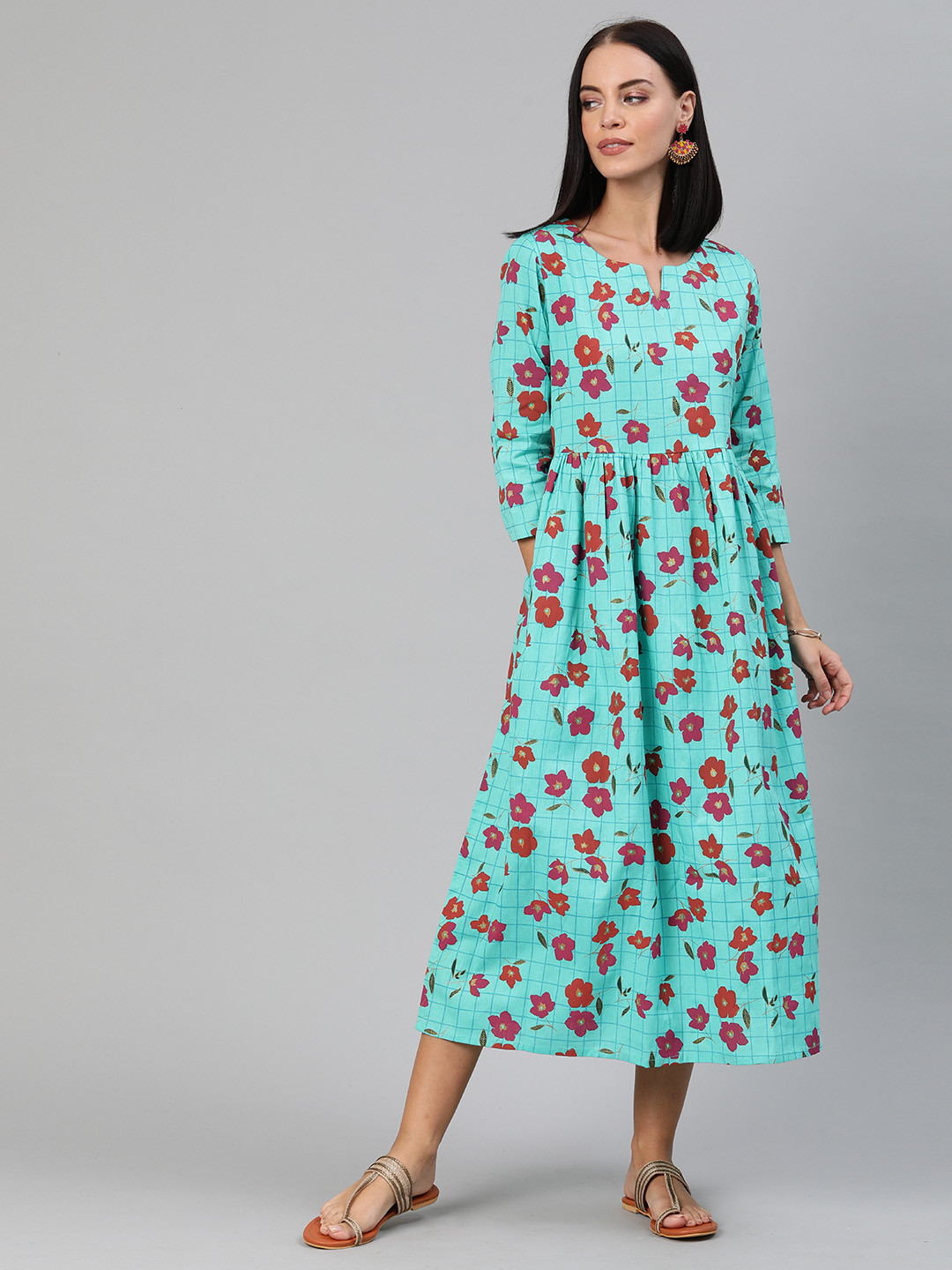 

Anouk Women Turquoise Blue Floral Printed Fit and Flare Dress