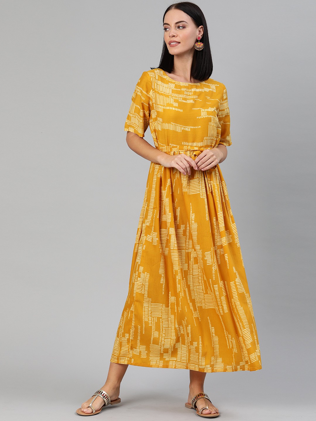 

Anouk Women Mustard Yellow Geometric Printed Maxi Dress