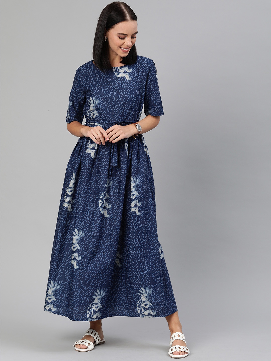 

Anouk Women Blue & White Printed Maxi Dress with Gathers