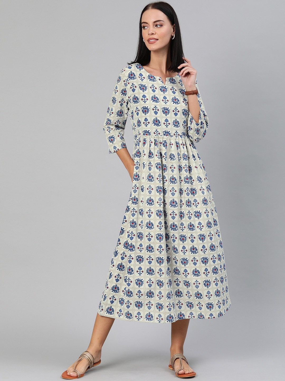 

Anouk Women Off-White & Blue Printed Fit and Flare Dress with Gathers