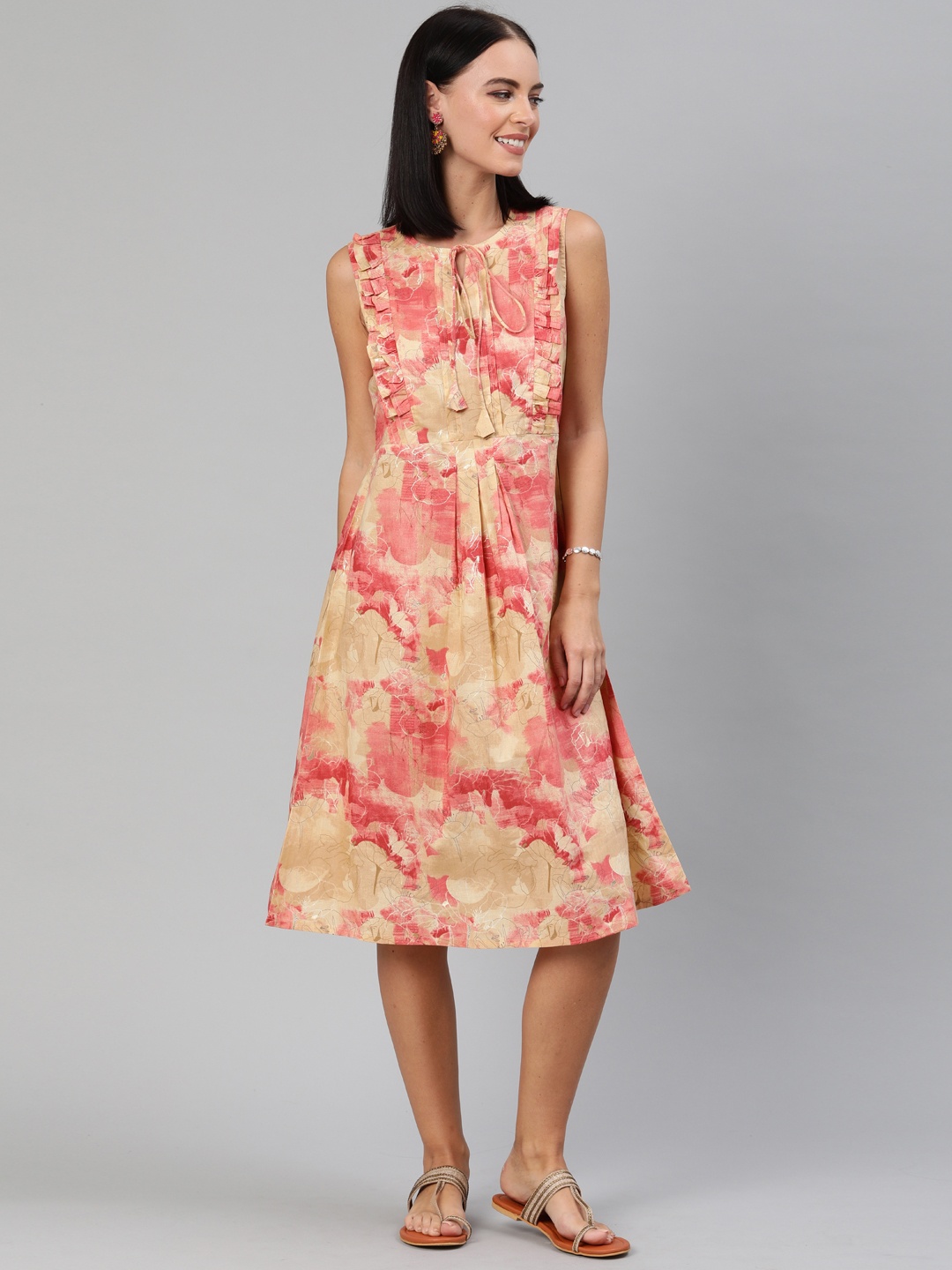 

Anouk Women Beige & Peach-Coloured Floral Printed A-Line Dress With Pleated Detail