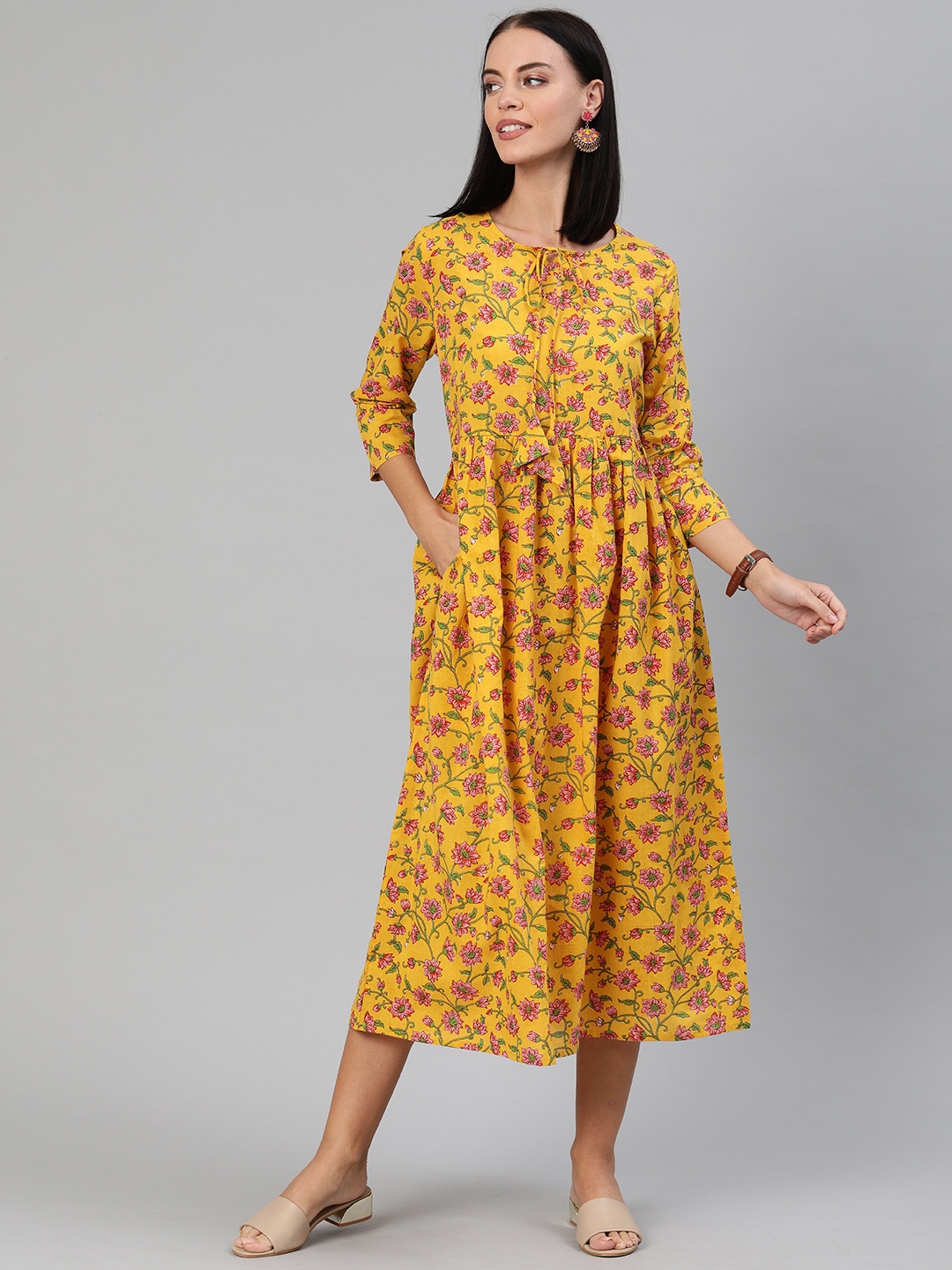 

Anouk Women Mustard Yellow & Pink Printed Fit and Flare Dress with Gathers