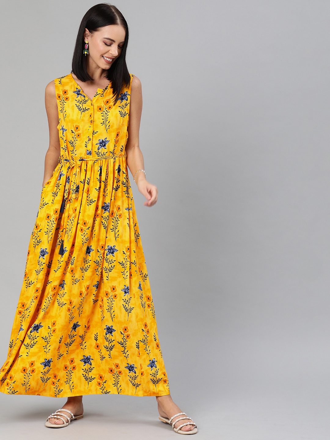 

Anouk Women Mustard Floral Printed Fit and Flare Dress