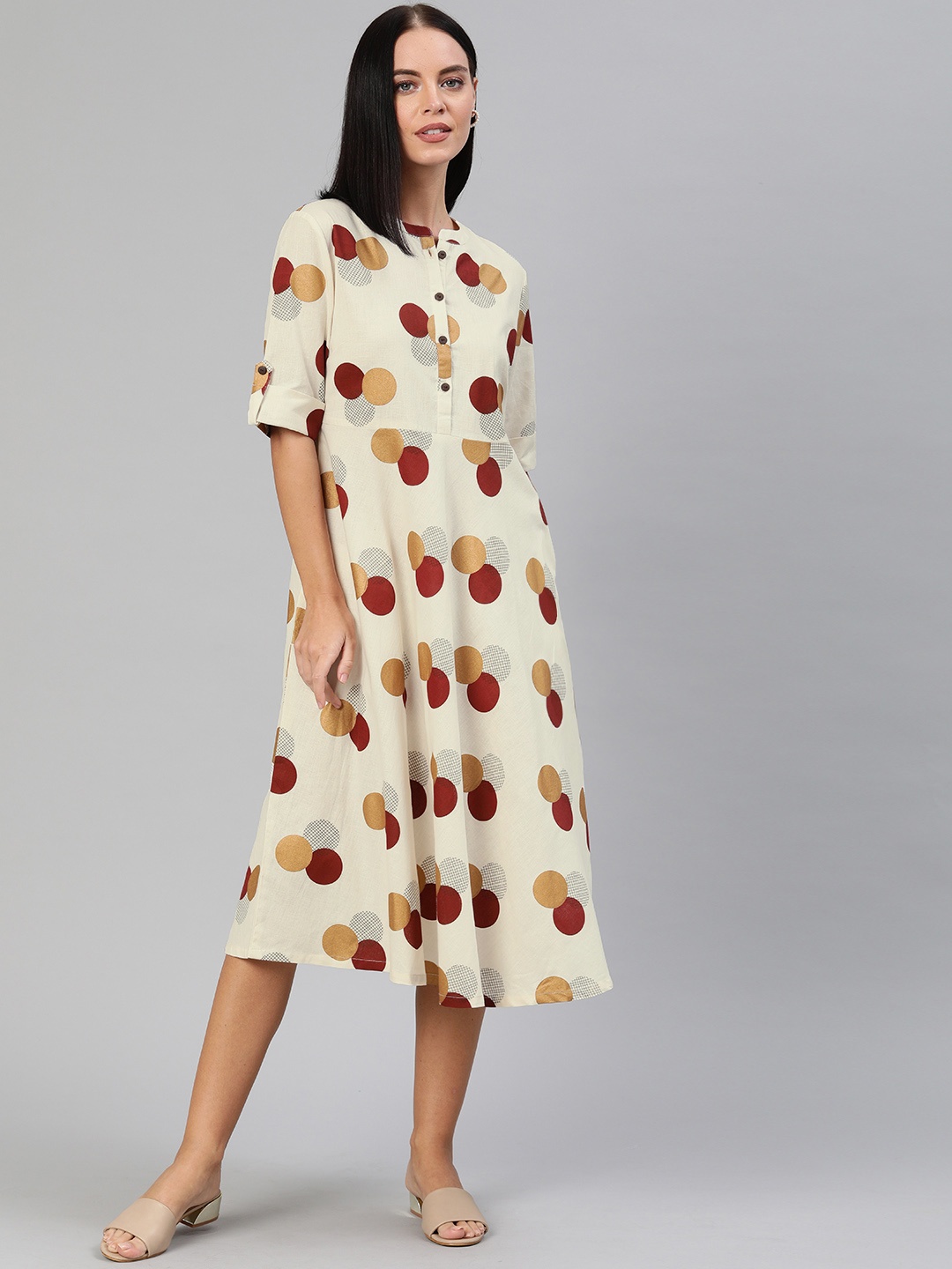 

Anouk Women Off-White & Maroon Polka Dots Printed A-Line Dress