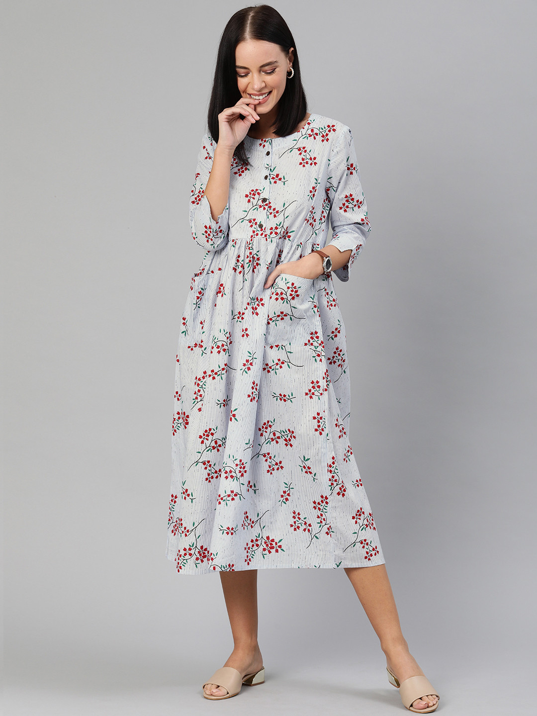 

Anouk Women Blue & Red Printed Fit and Flare Dress with Gathers