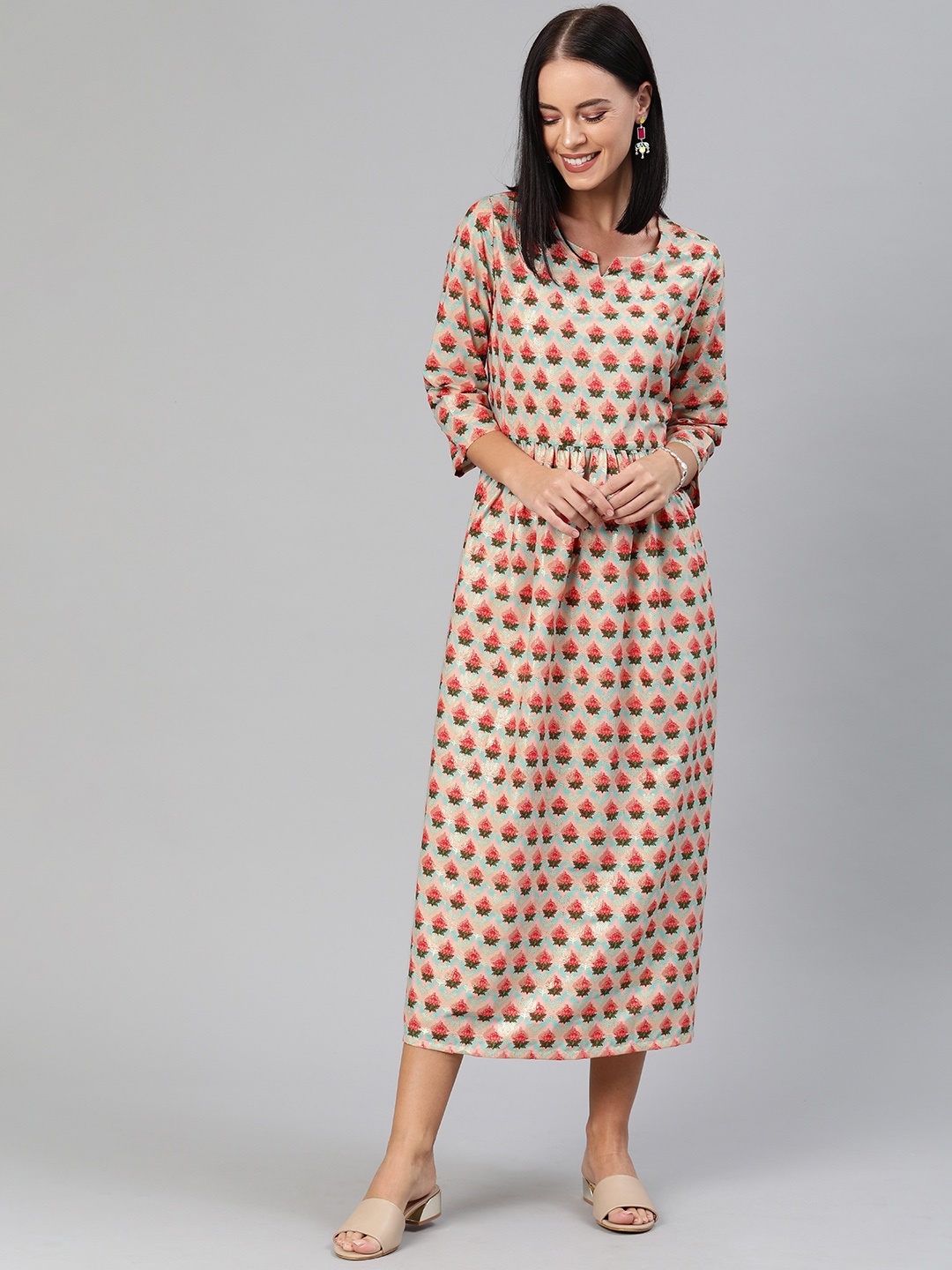 

Anouk Women Pink & Green Printed Fit and Flare Dress