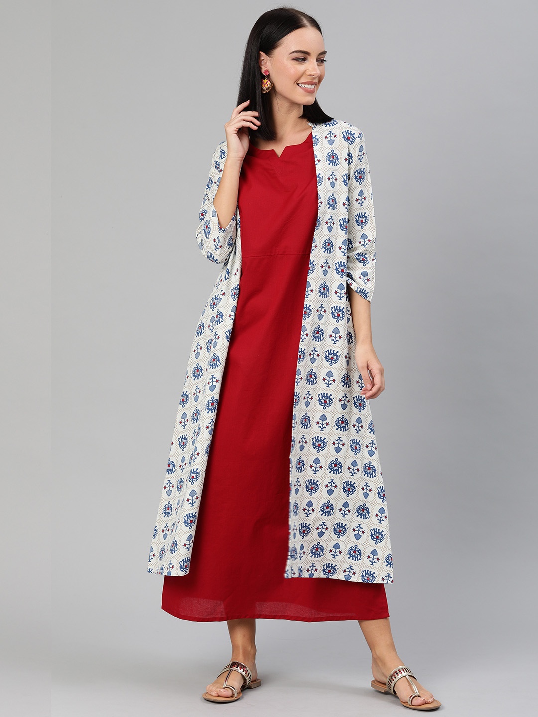 

Anouk Women Maroon Solid Maxi Dress with Printed Jacket