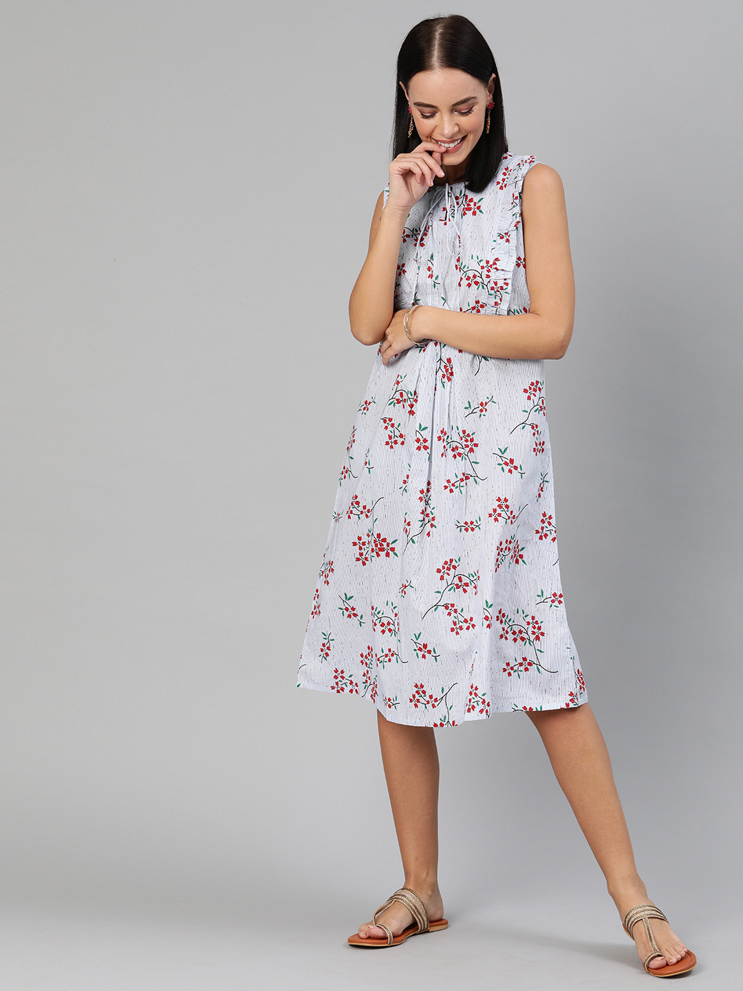 

Anouk Women Blue Floral Printed A-Line Dress with Tie-up Neck