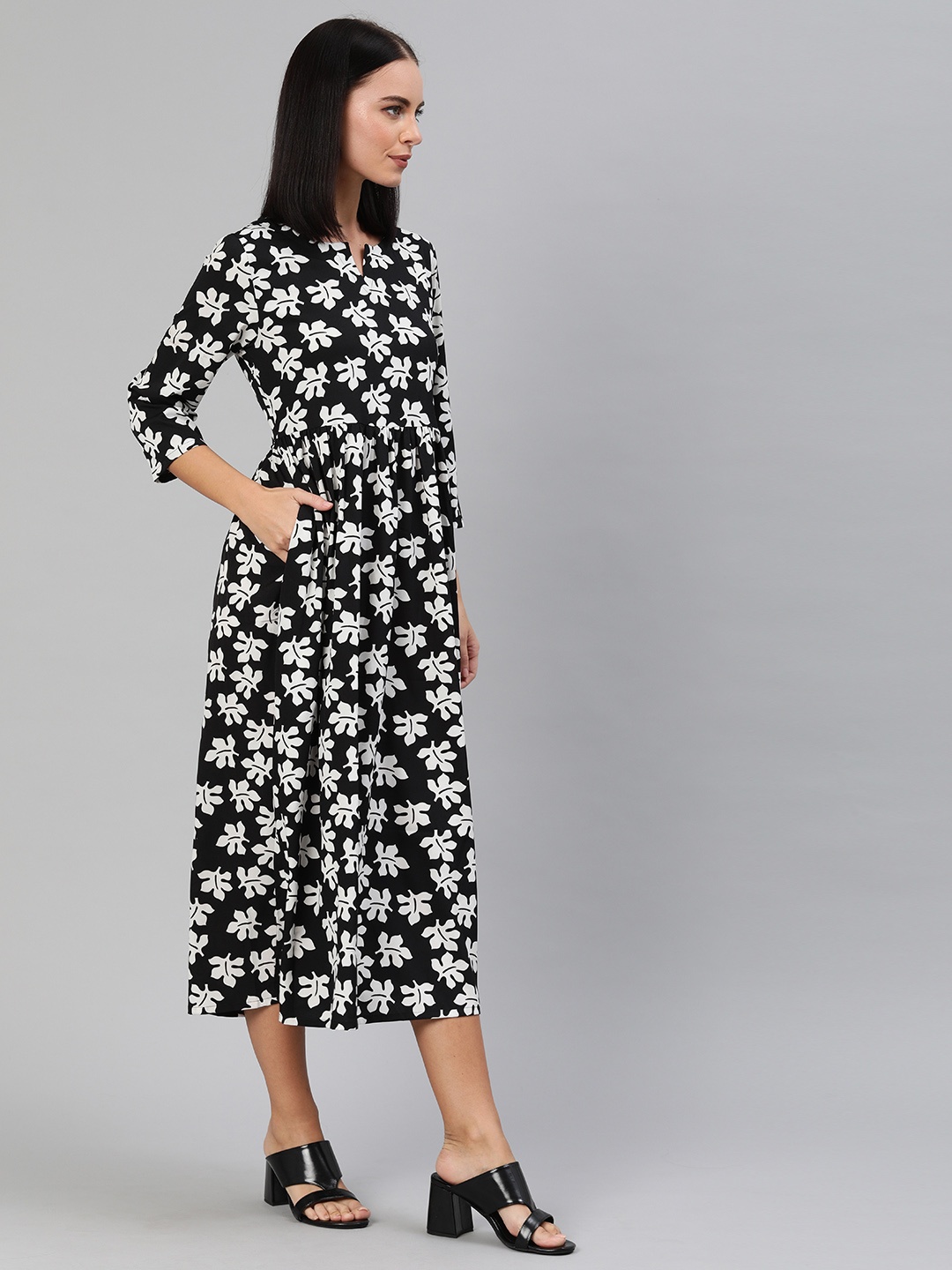 

Anouk Women Black & White Floral Printed Fit and Flare Dress with Gathered Detail