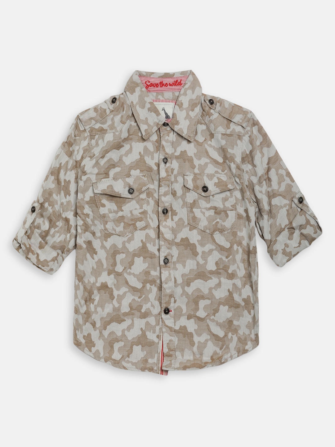 

Blue Giraffe Boys Cream-Coloured Slim Fit Camo Printed Casual Shirt