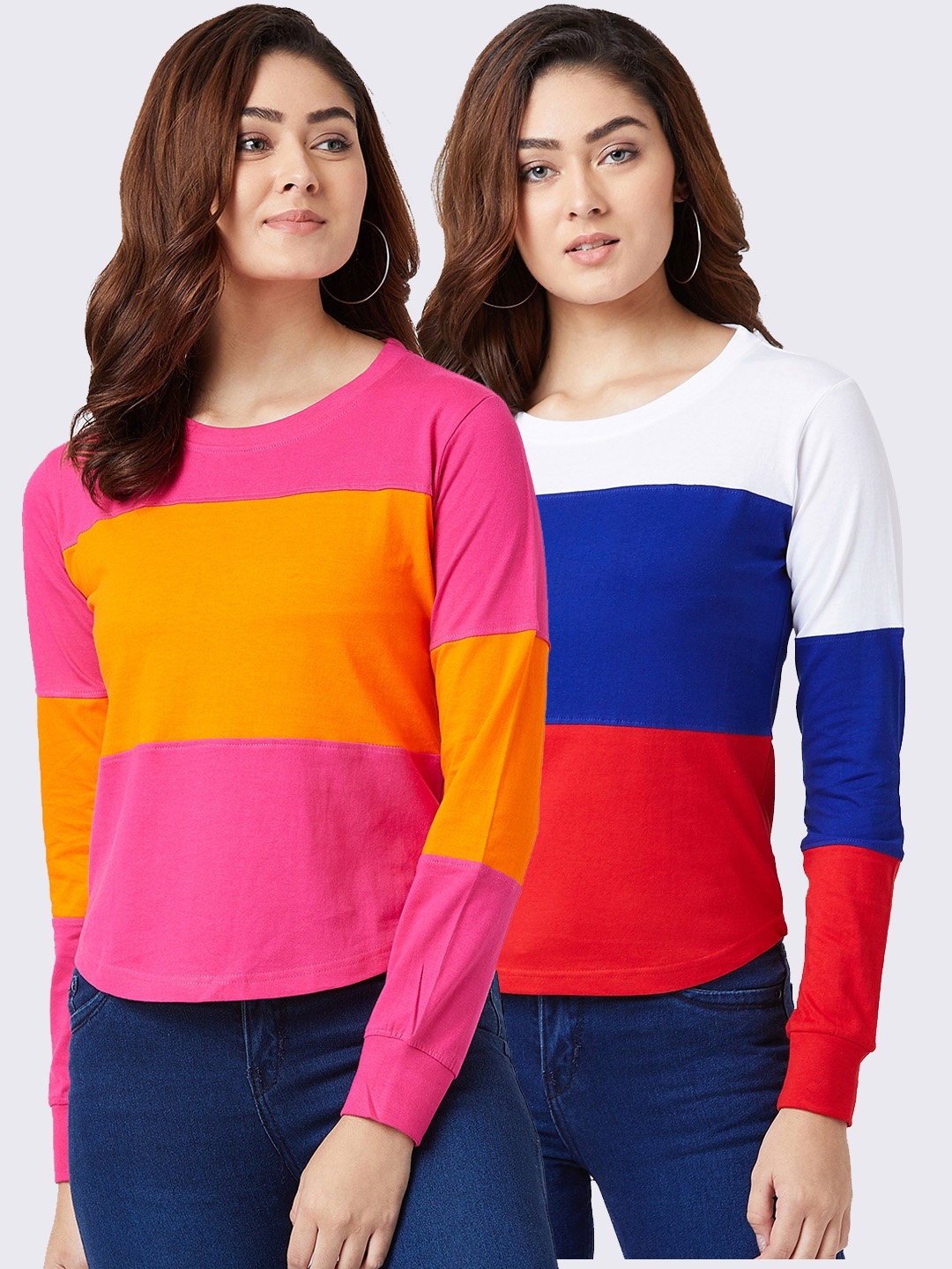 

The Dry State Women Pack of 2 Multicoloured Colourblocked Round Neck T-shirts, Multi