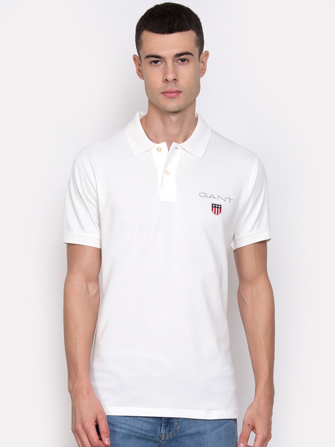 

GANT Men White Solid Polo Collar T-shirt