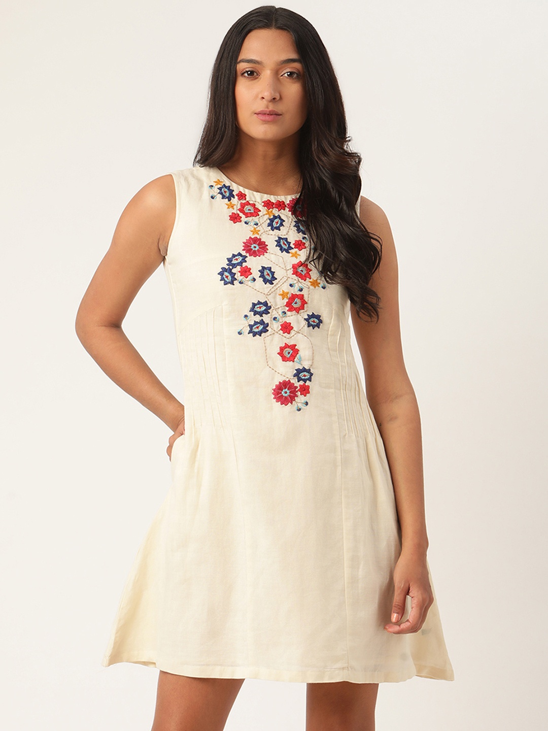 

ROOTED Women Cream-Coloured Embroidered A-Line Dress