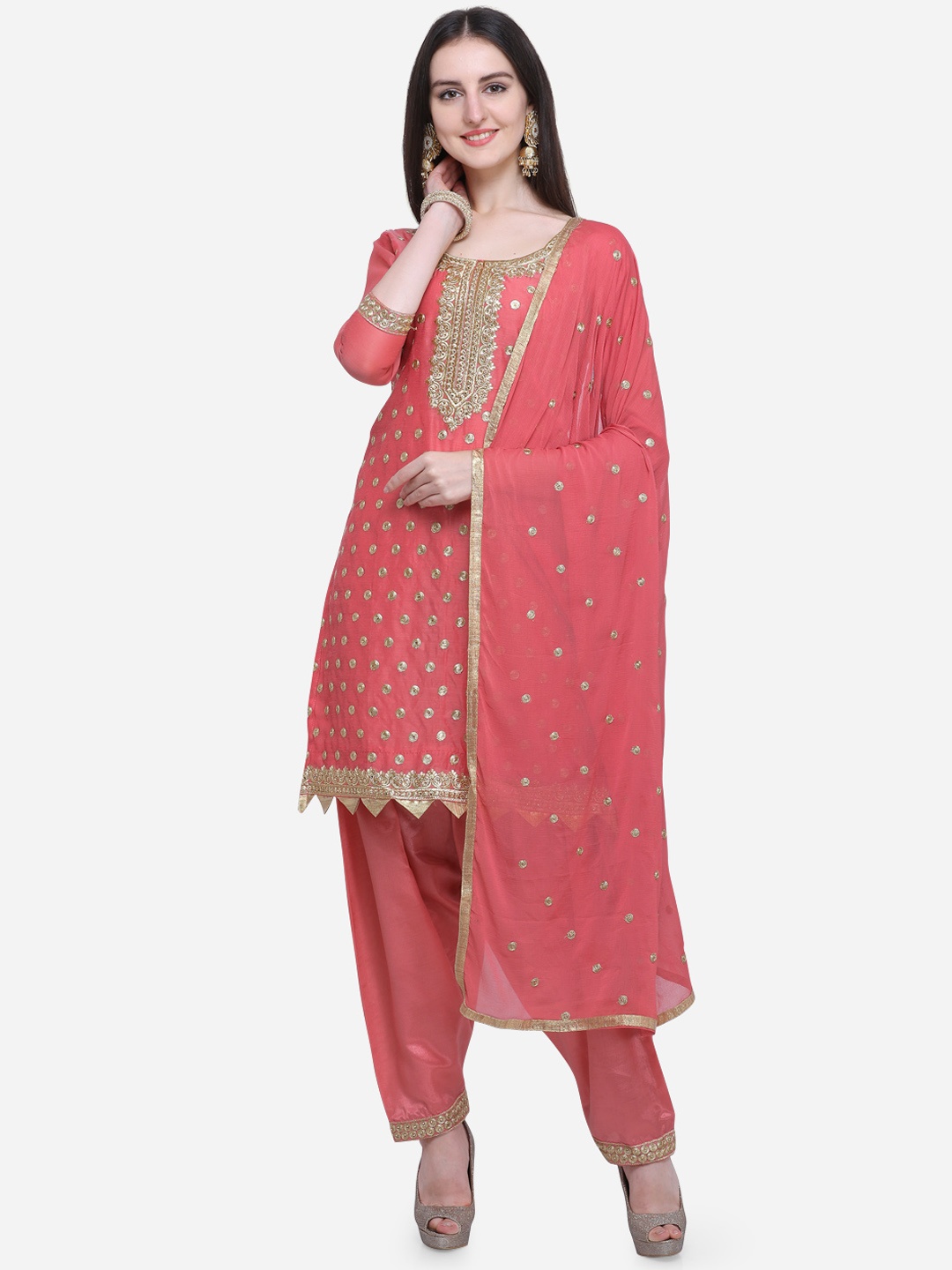 

Ethnic Junction Peach-Coloured & Gold-Toned Cotton Blend Unstitched Dress Material