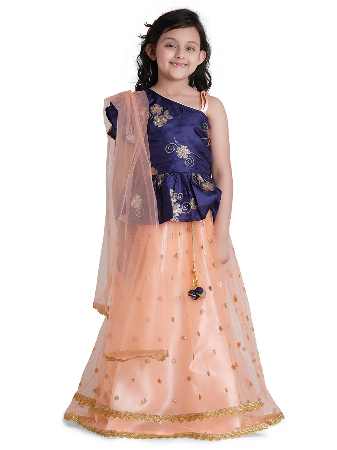 

ADIVA Girls Peach-Coloured & Blue Embroidered Ready to Wear Lehenga & Blouse with Dupatta