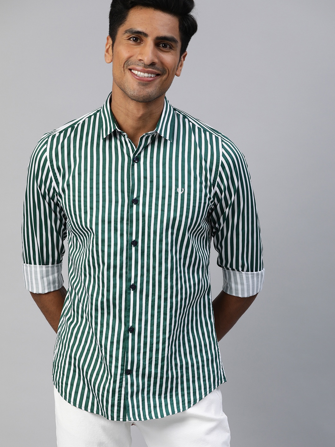 

Allen Solly Sport Men Green & White Super Slim Fit Striped Smart Casual Shirt