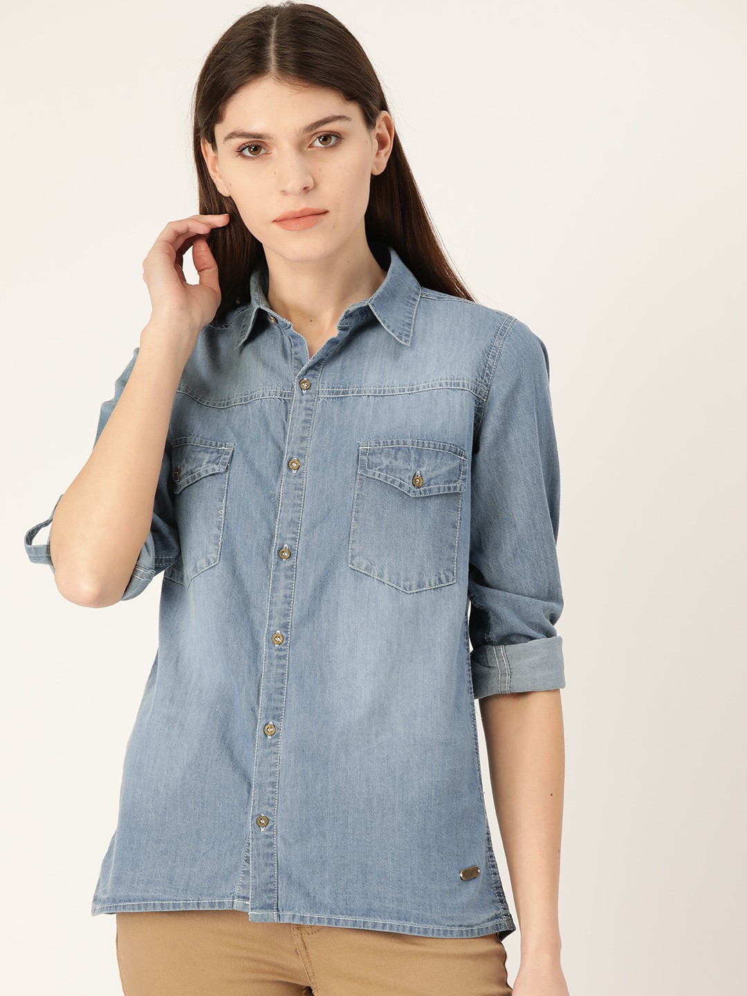 

Trend Arrest Women Blue Regular Fit Faded Denim Casual Shirt