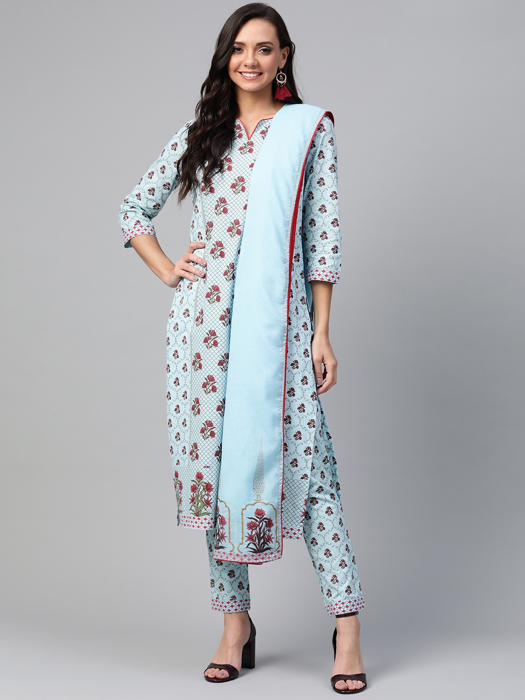 

HERE&NOW Women Blue & Maroon Printed Kurta with Trousers & Dupatta