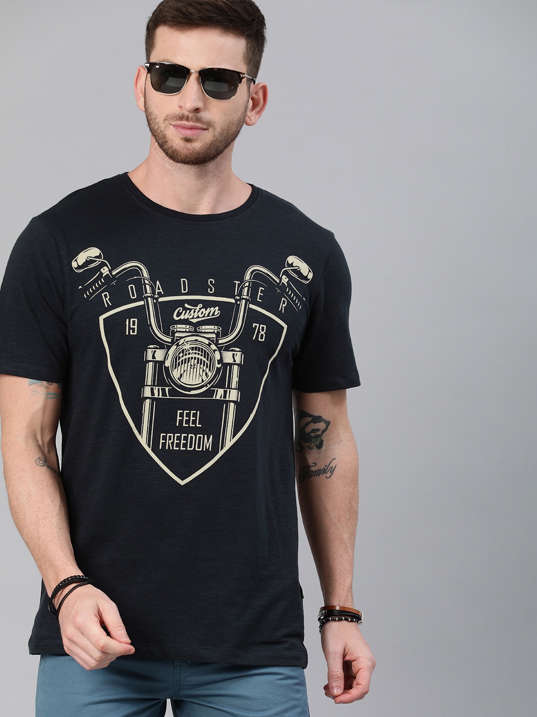 

Roadster Men Navy Blue Biker Printed Round Neck T-shirt