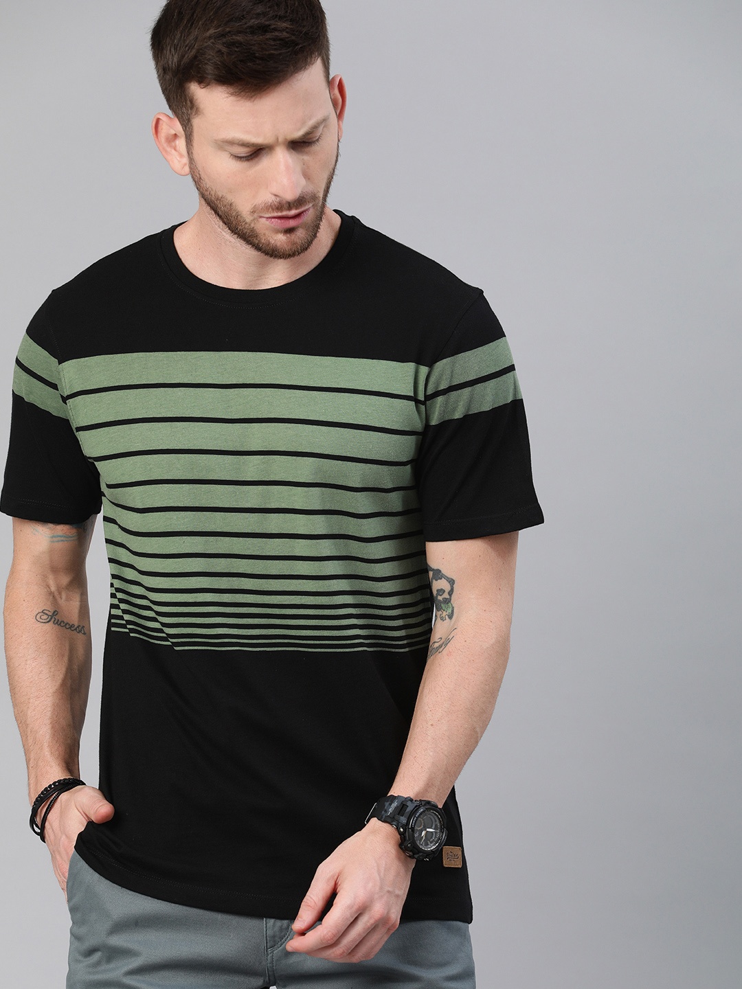 

Roadster Men Black & Olive Green Striped Cotton T-shirt