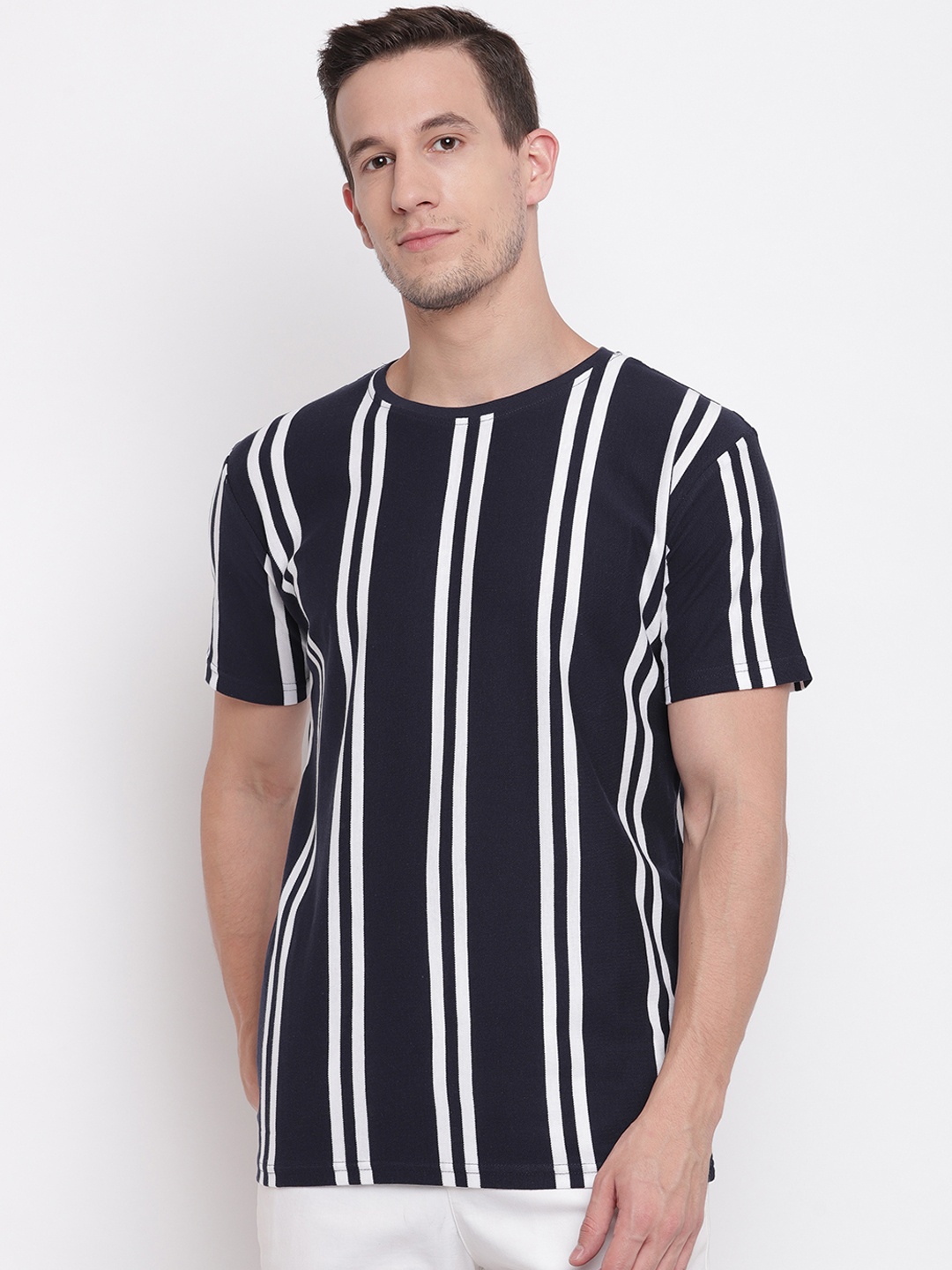 

LINDBERGH Men Navy Blue & White Striped Round Neck T-shirt