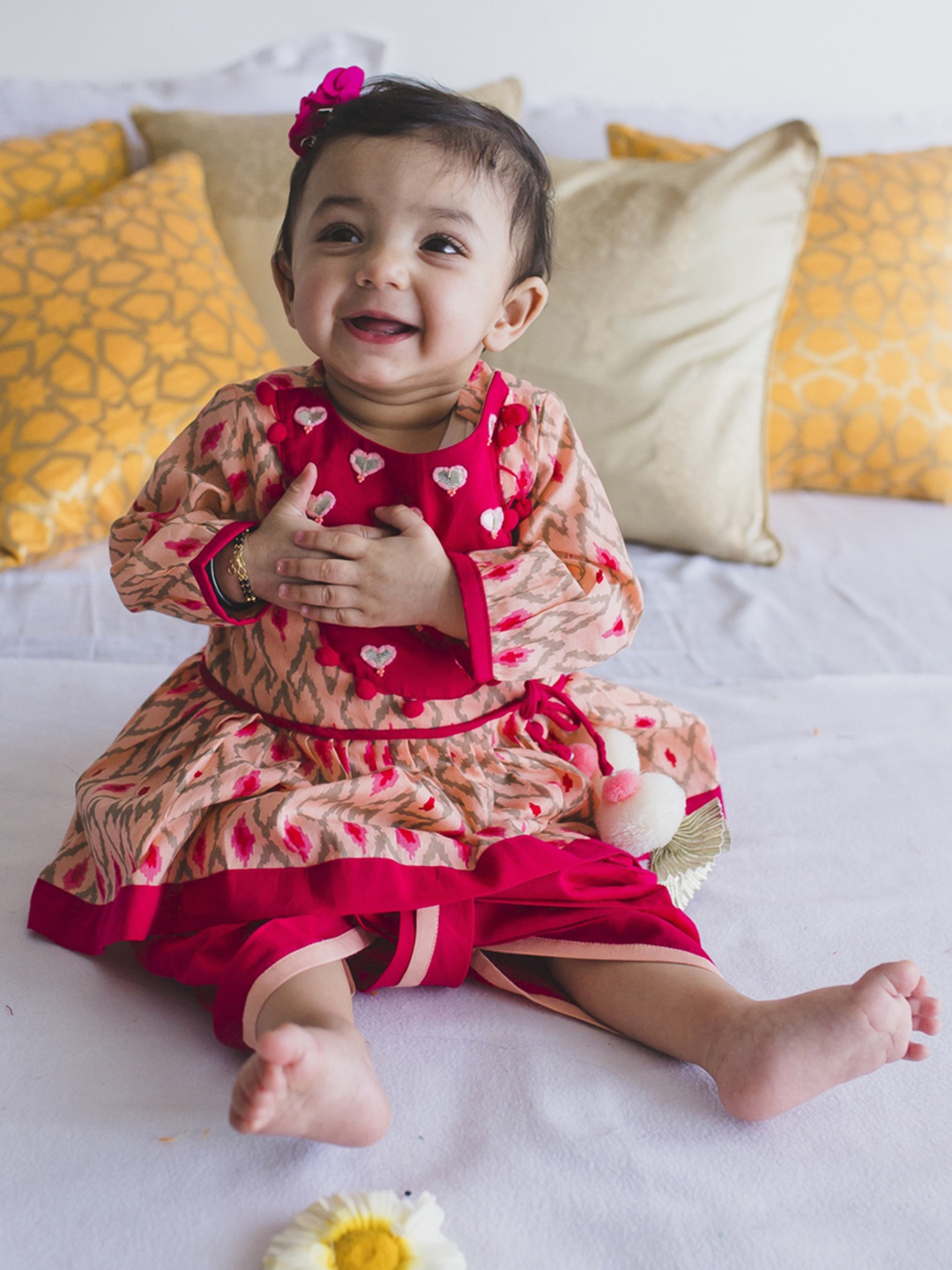 

Tiber Taber Girls Peach-Coloured & Red Printed Kurta with Dhoti Pants