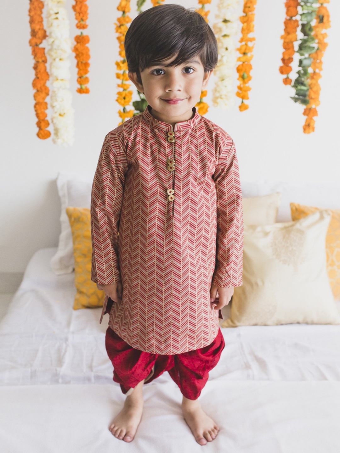 

Tiber Taber Boys Maroon & Gold-Toned Printed Kurta with Dhoti Pants