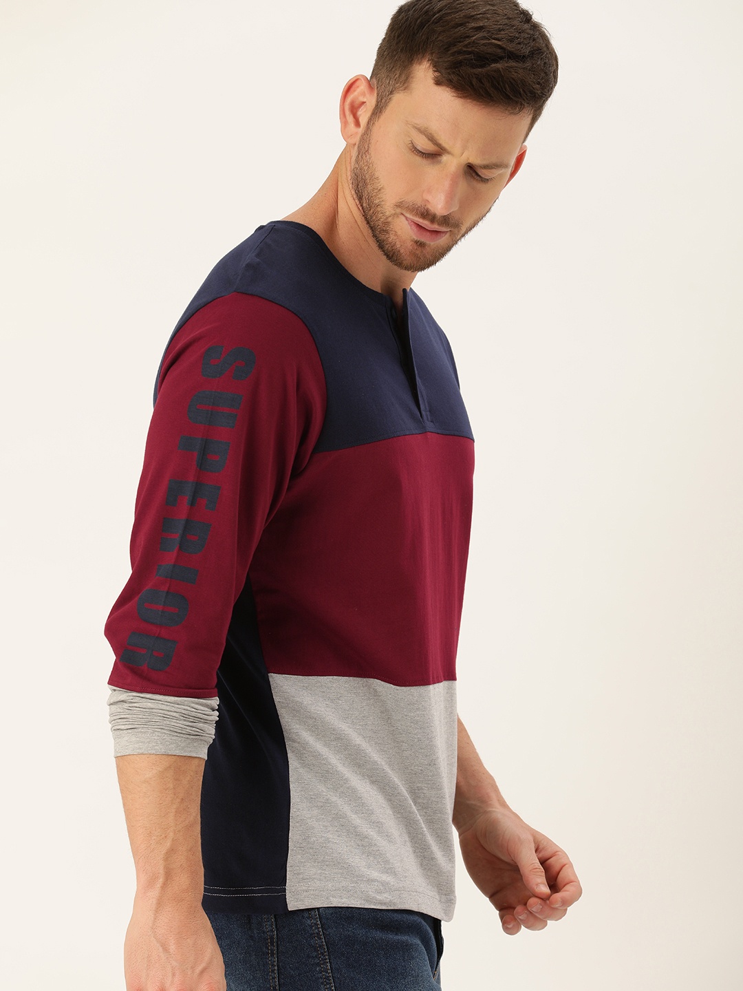 

Moda Rapido Men Navy Blue Maroon Colourblocked Henley Neck Pure Cotton T-shirt