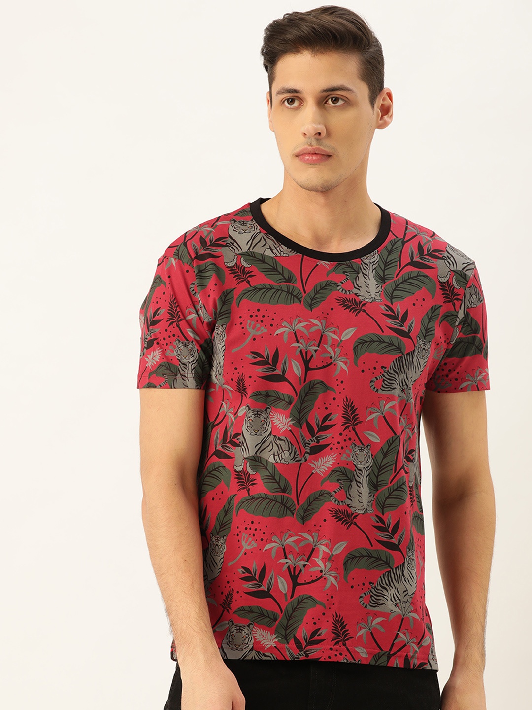 

Moda Rapido Men Red Grey Printed Round Neck Pure Cotton T-shirt