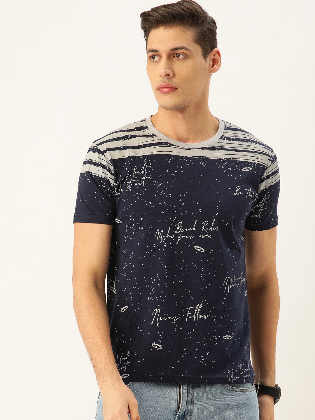 

Moda Rapido Men Navy Blue & Grey Typography Printed Cotton T-shirt