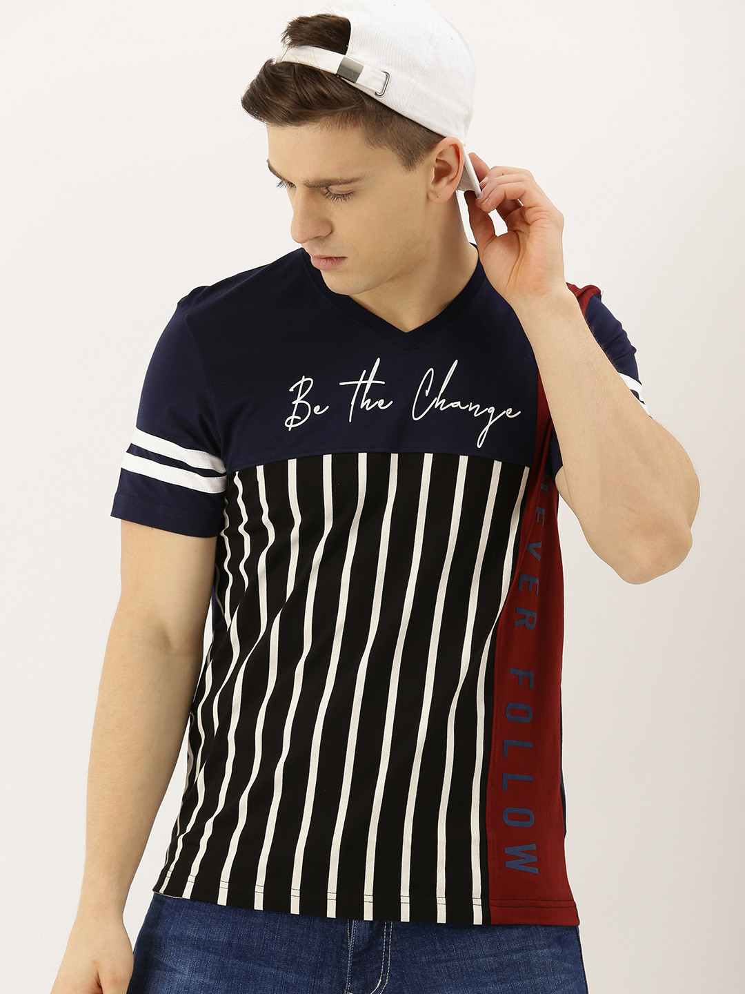 

Moda Rapido Men Navy Blue Black Striped V-Neck Pure Cotton T-shirt