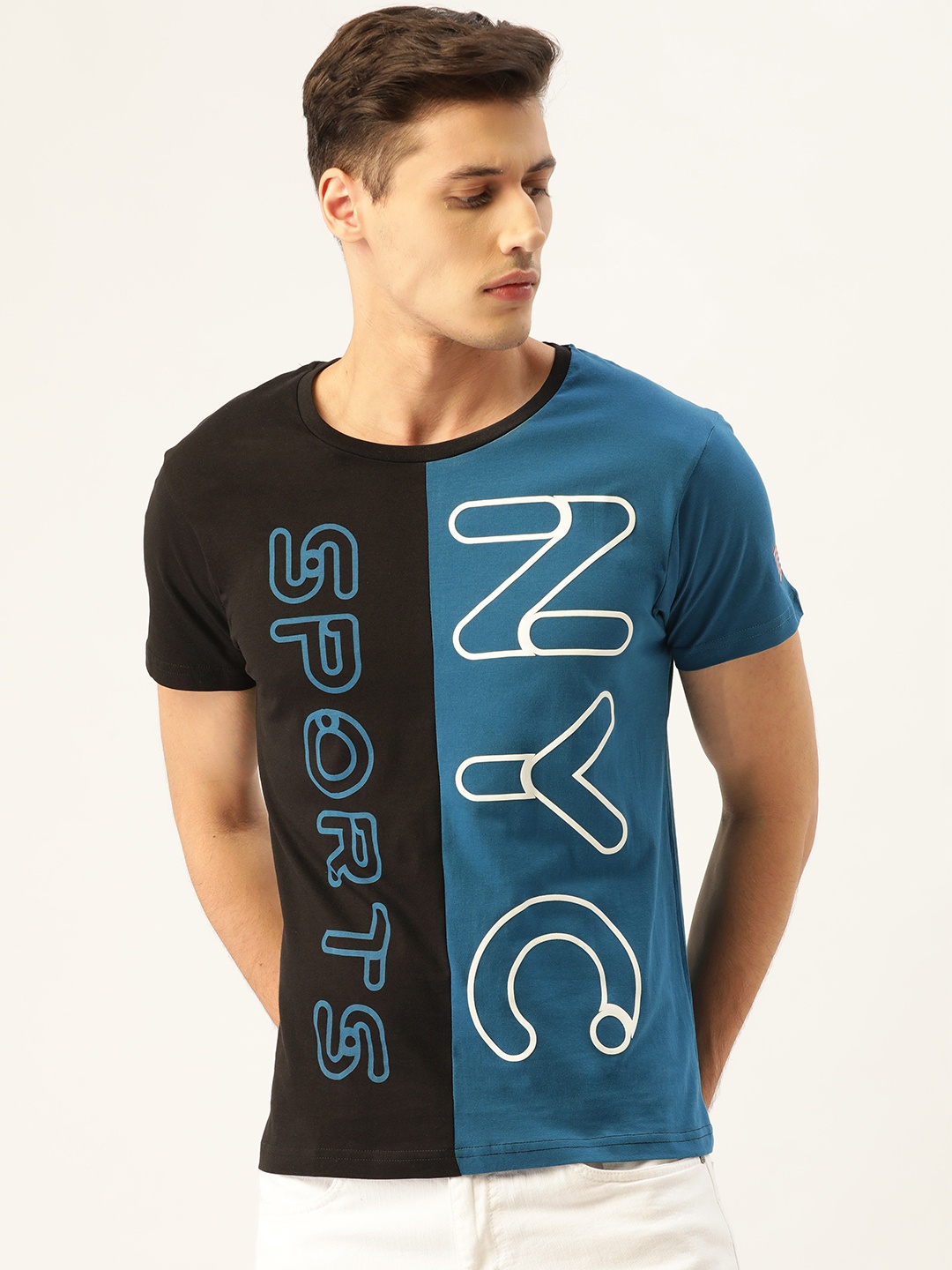 

Moda Rapido Men Black Teal Blue Colourblocked Round Neck Pure Cotton T-shirt