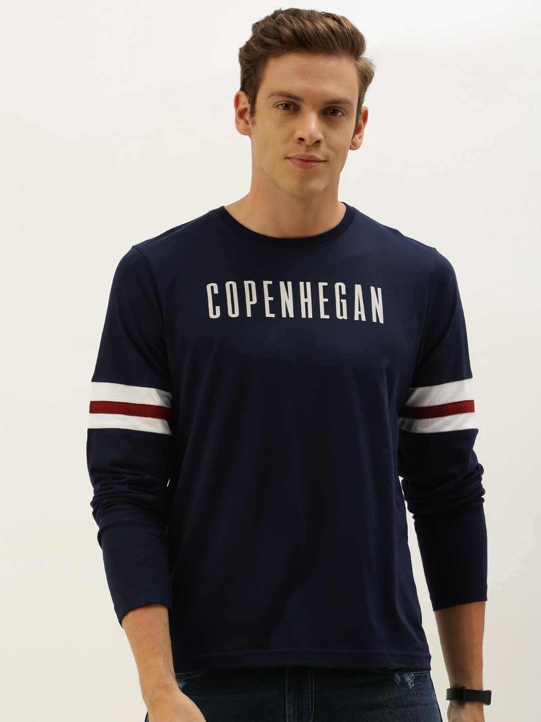 

Moda Rapido Men Navy Blue White Printed Round Neck Pure Cotton T-shirt