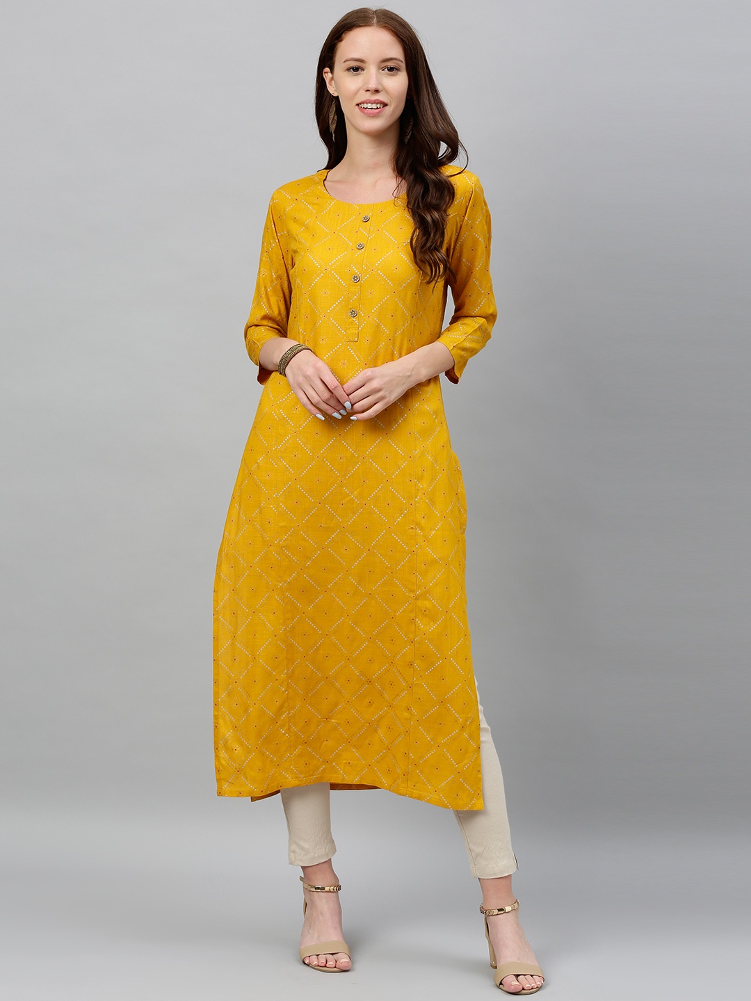 

kipek Women Mustard Yellow Printed Straight Kurta