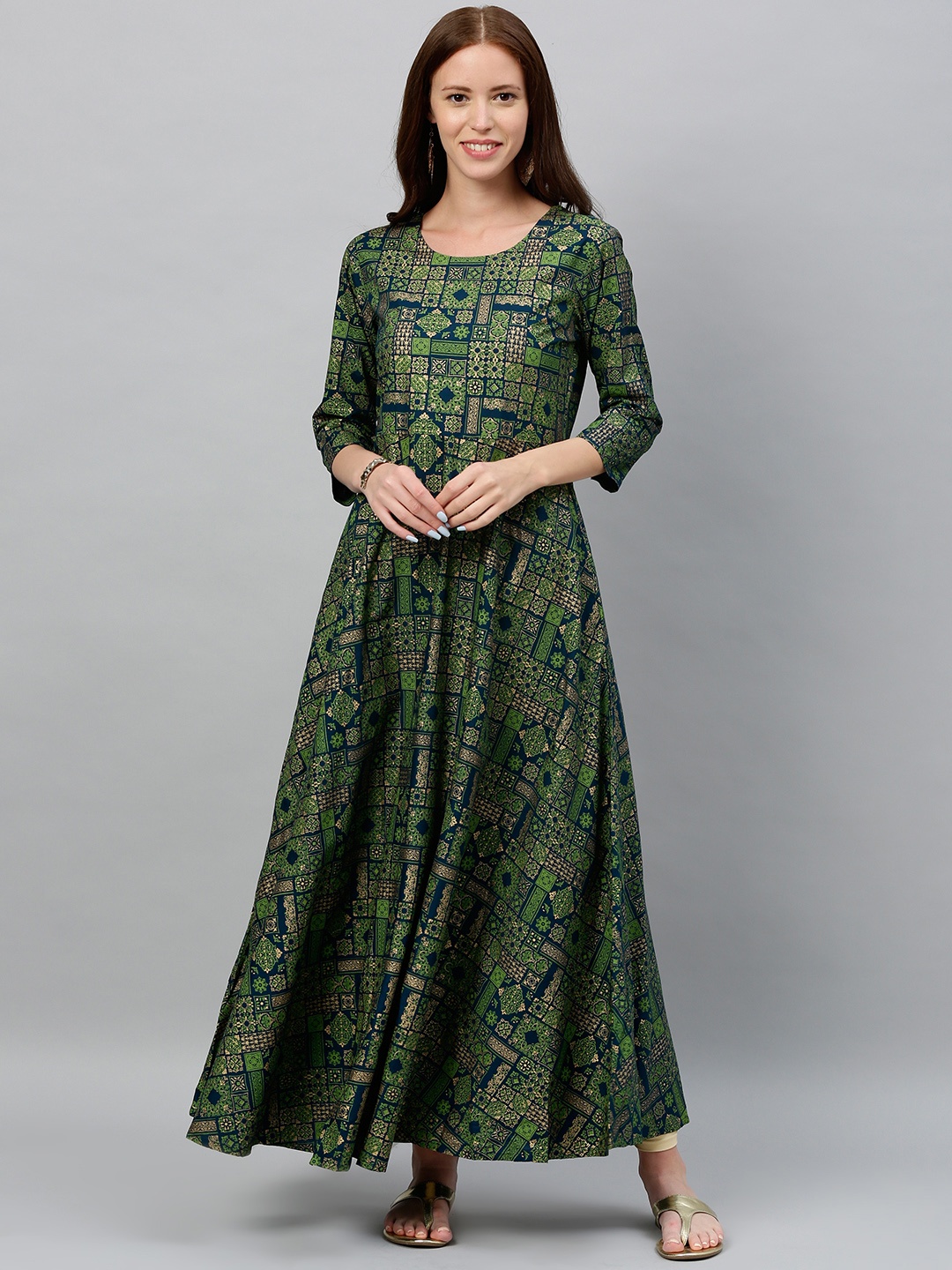 

kipek Women Green & Gold-Toned Printed Anarkali Kurta