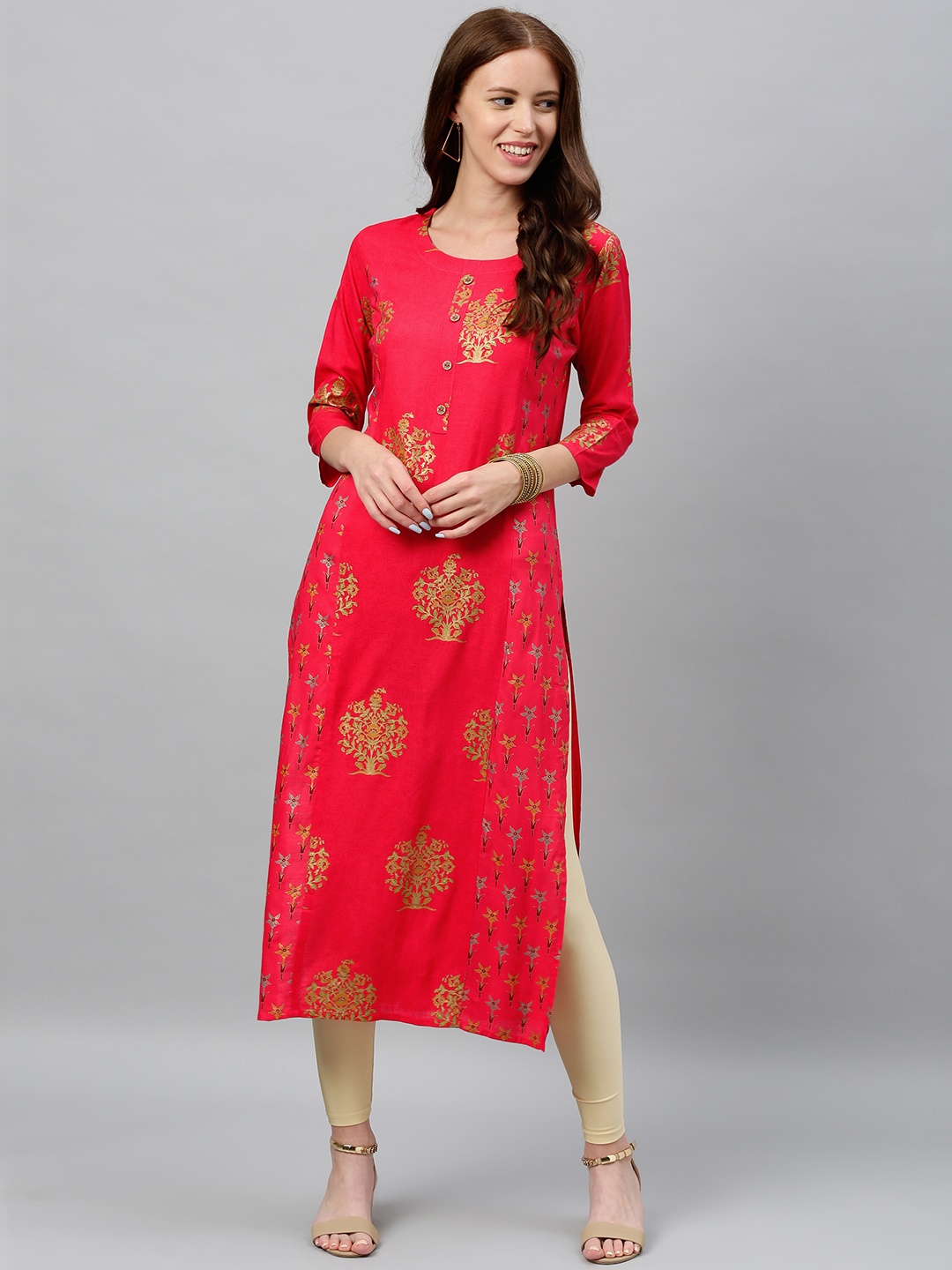 

kipek Women Pink & Gold-Toned Woven Design Straight Kurta