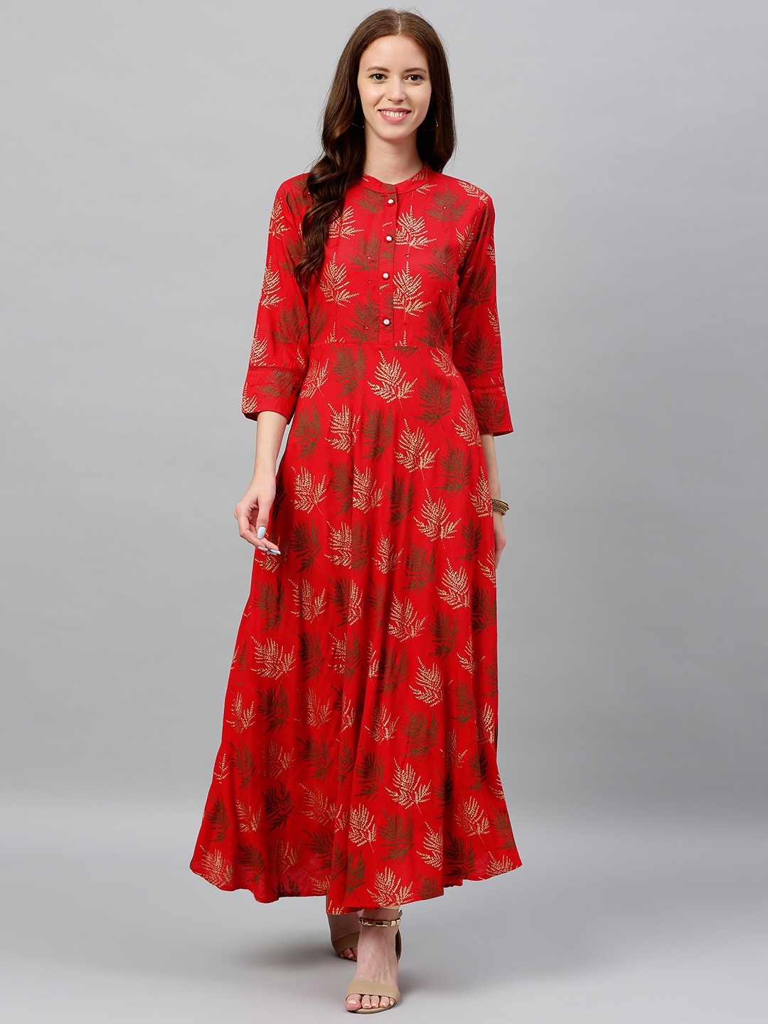 

kipek Women Red and Green Woven Design A-Line Kurta