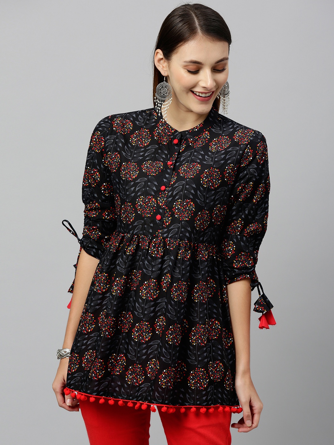 

kipek Women Black & Red Floral Printed Pleated A-Line Pure Cotton Top