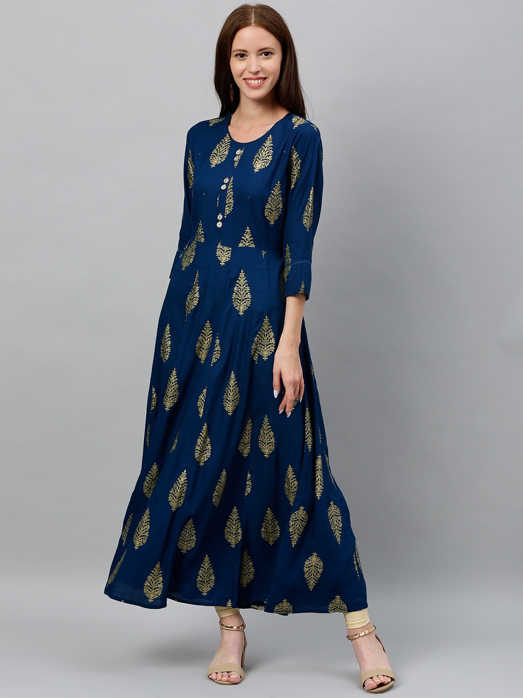 

kipek Women Blue & Gold-Toned Ethnic Printed A-Line Kurta with Back Tie-Ups