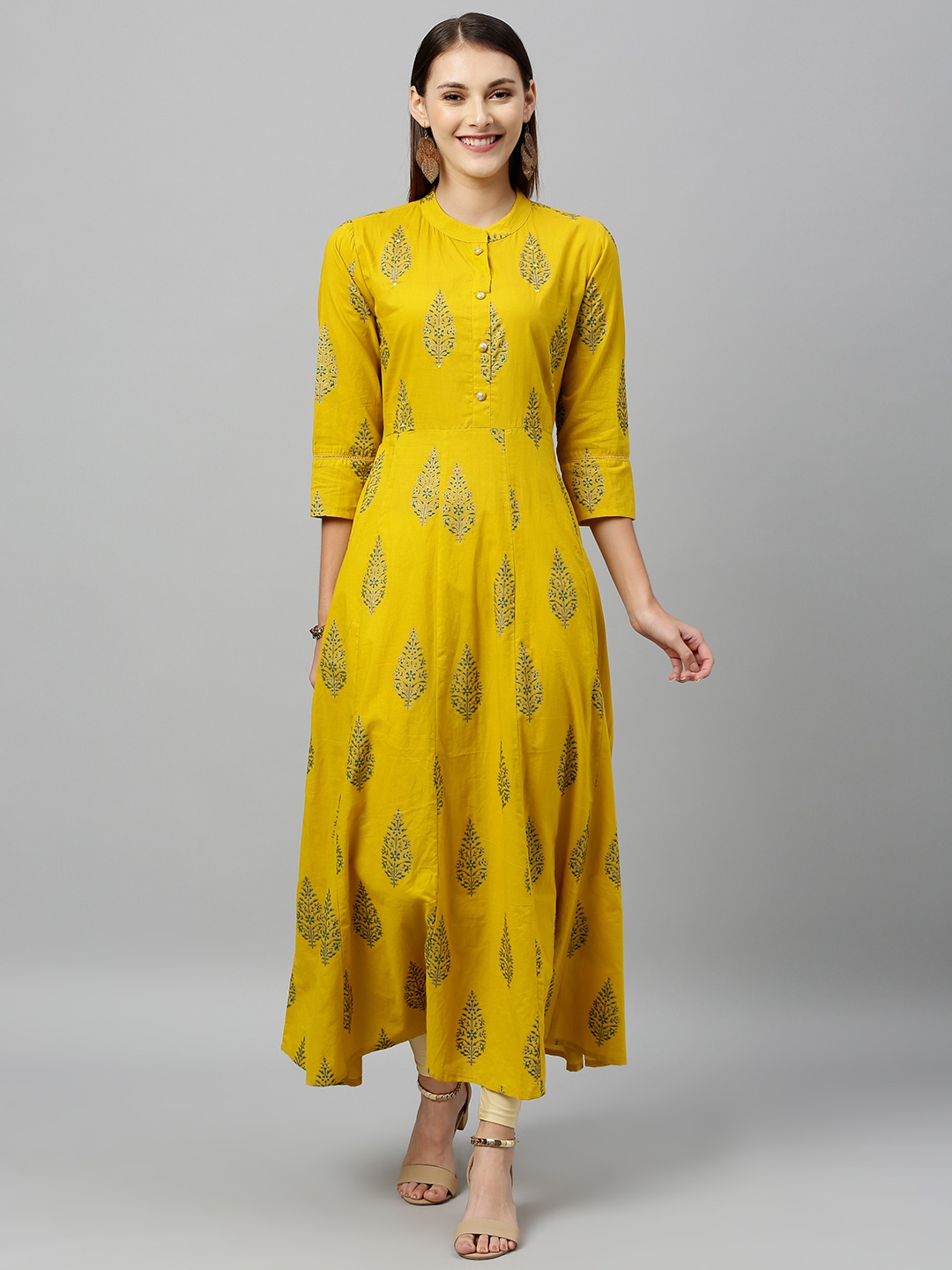 

kipek Women Mustard Yellow & Green Printed A-Line Kurta