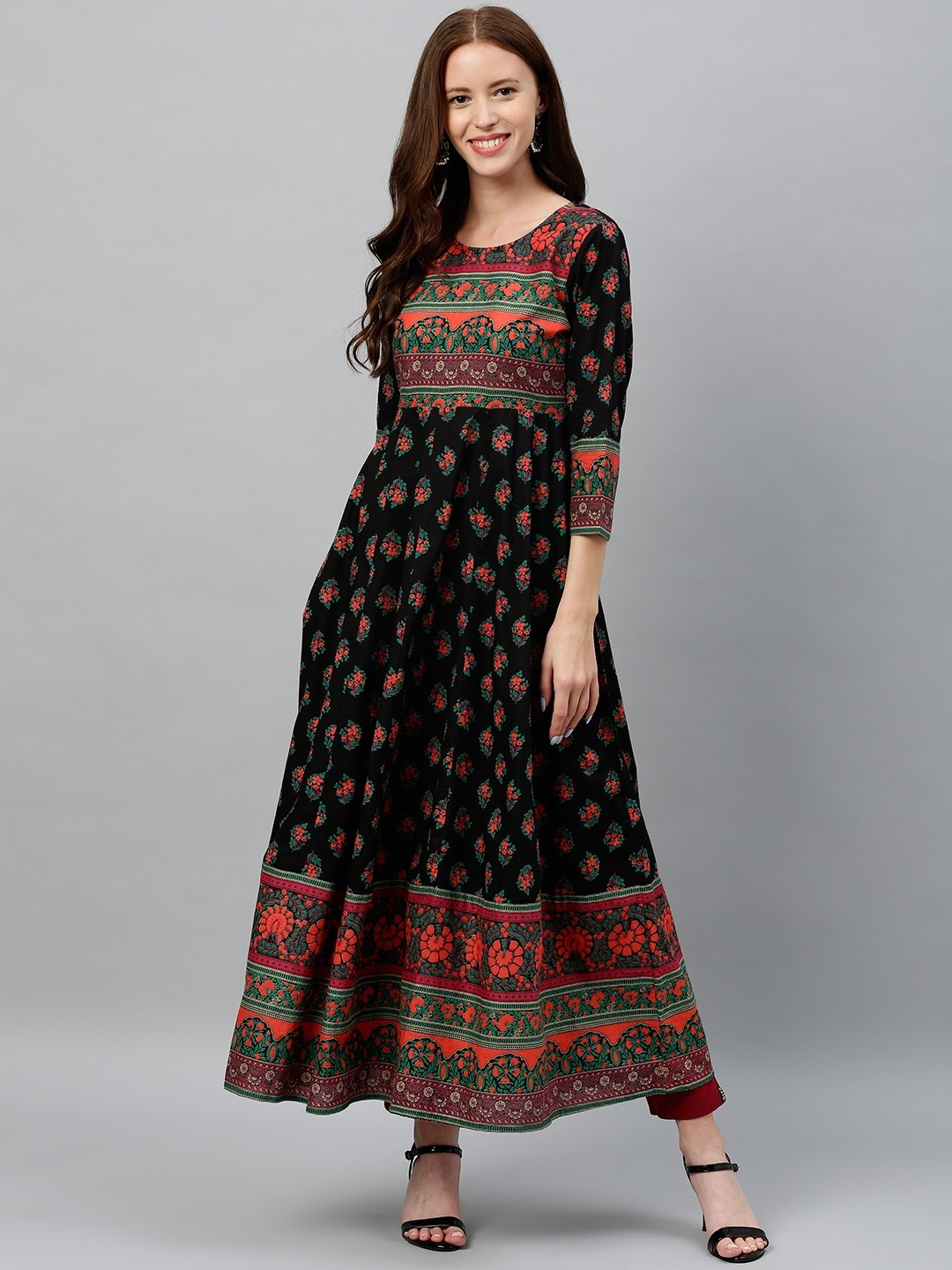 

kipek Women Black & Orange Floral Printed A-Line Kurta with Back Tie-Ups