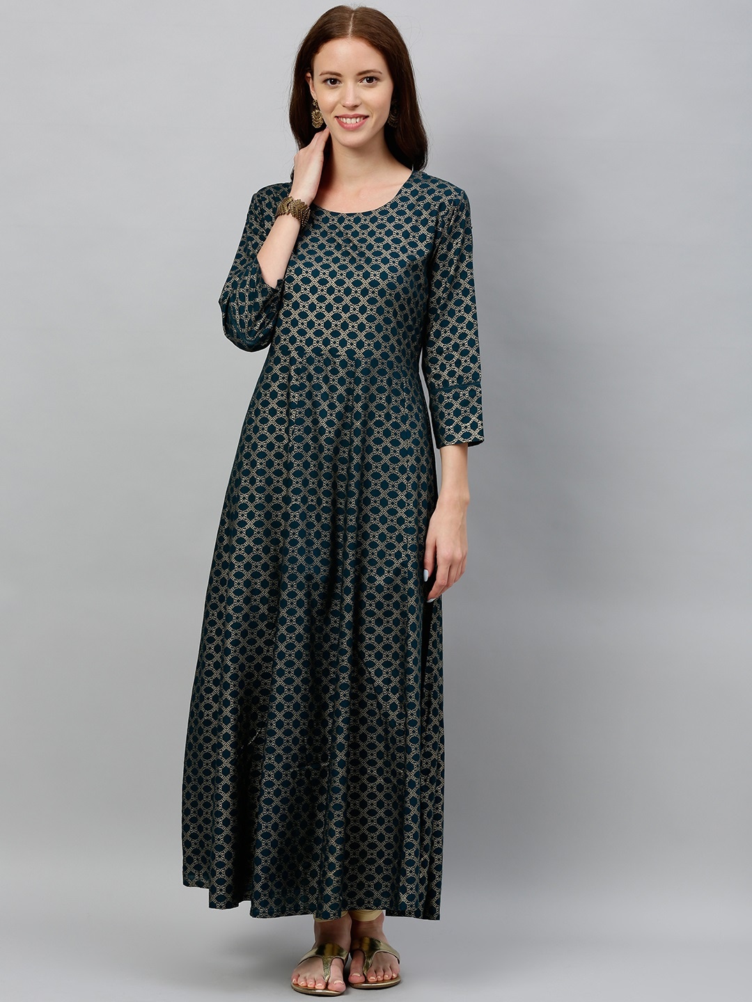 

kipek Women Teal Blue & Gold-Coloured Printed A-Line Kurta with Waist Tie-Up Detail