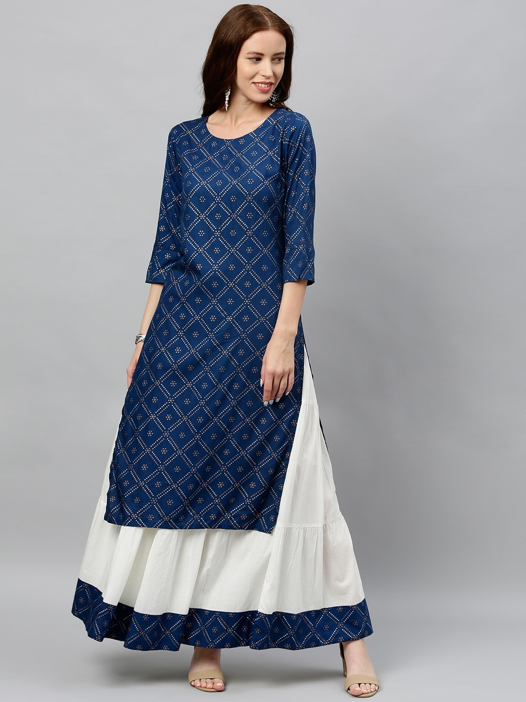 

kipek Women Navy Blue & White Bandhani Printed Kurta with Skirt