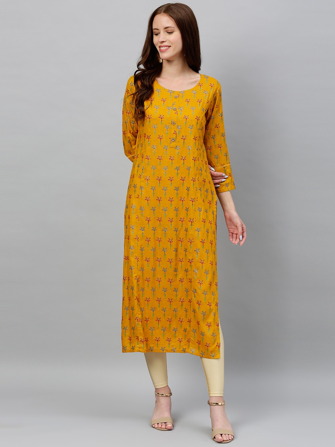 

kipek Women Mustard yellow & Red Floral Printed Straight Kurta