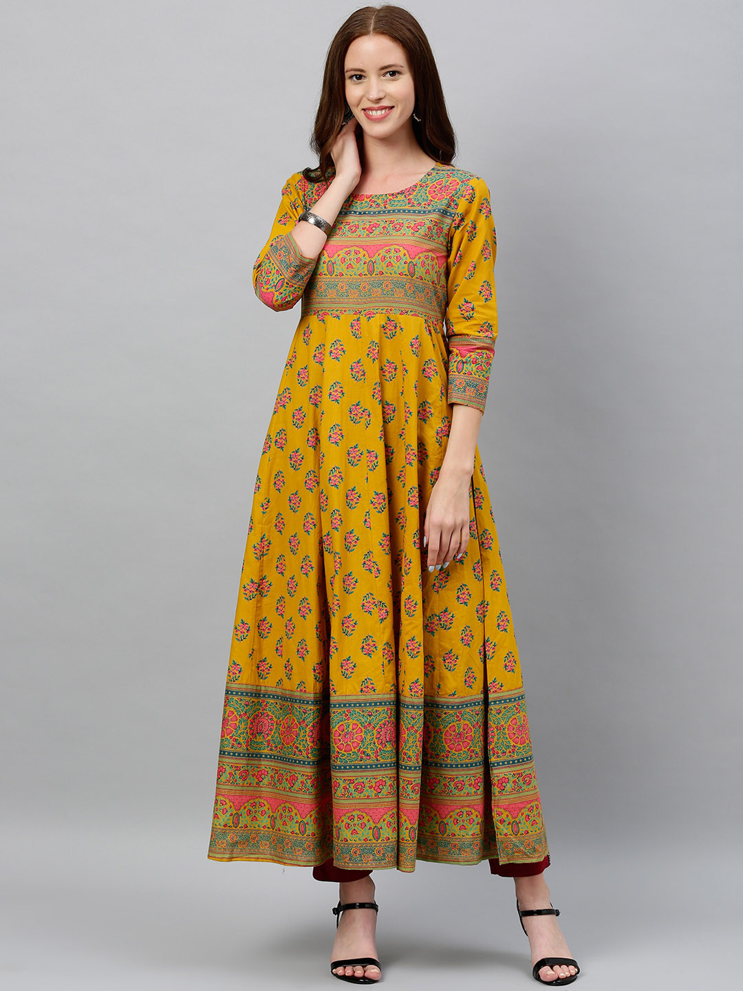 

kipek Women Mustard Yellow & Pink Floral Printed A-Line Kurta with Back Tie-Ups